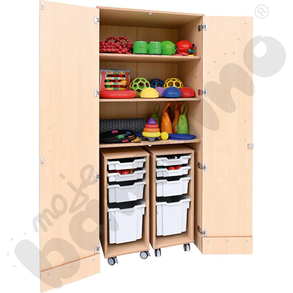 Szafa wysoka Flexi z mobilnymi organizerami i pojemnikami - jasnoszarymi