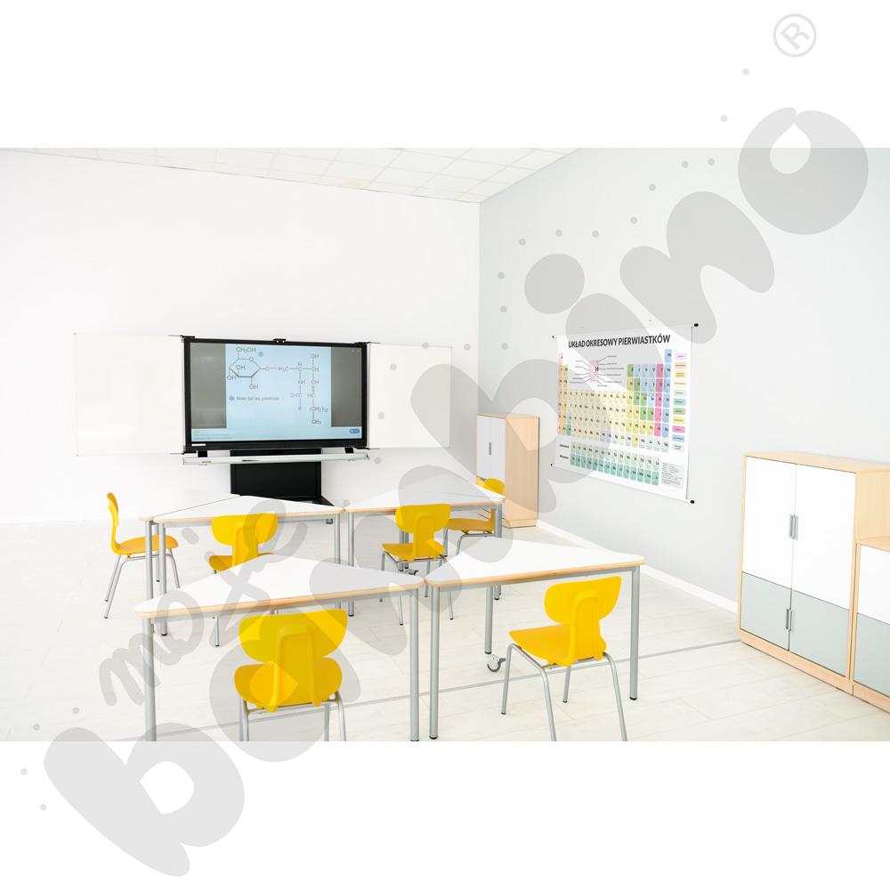 Stół Mila trójkątny 90x90x122, blat HPL biały, narożniki zaokrąglone, rozm. 6 z kółkiem