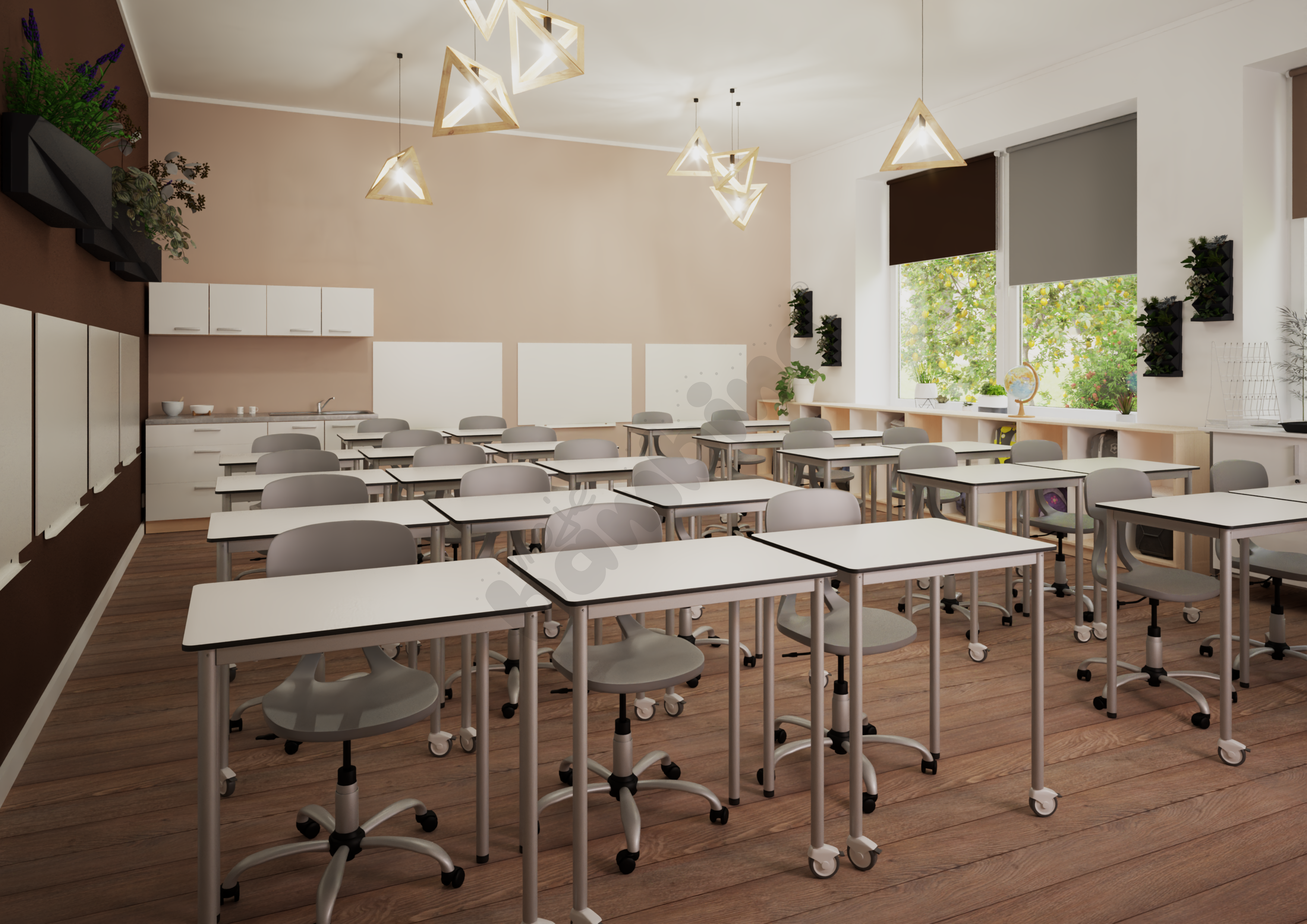 Sala mobilna z wieloma tablicami suchościeralnymi 