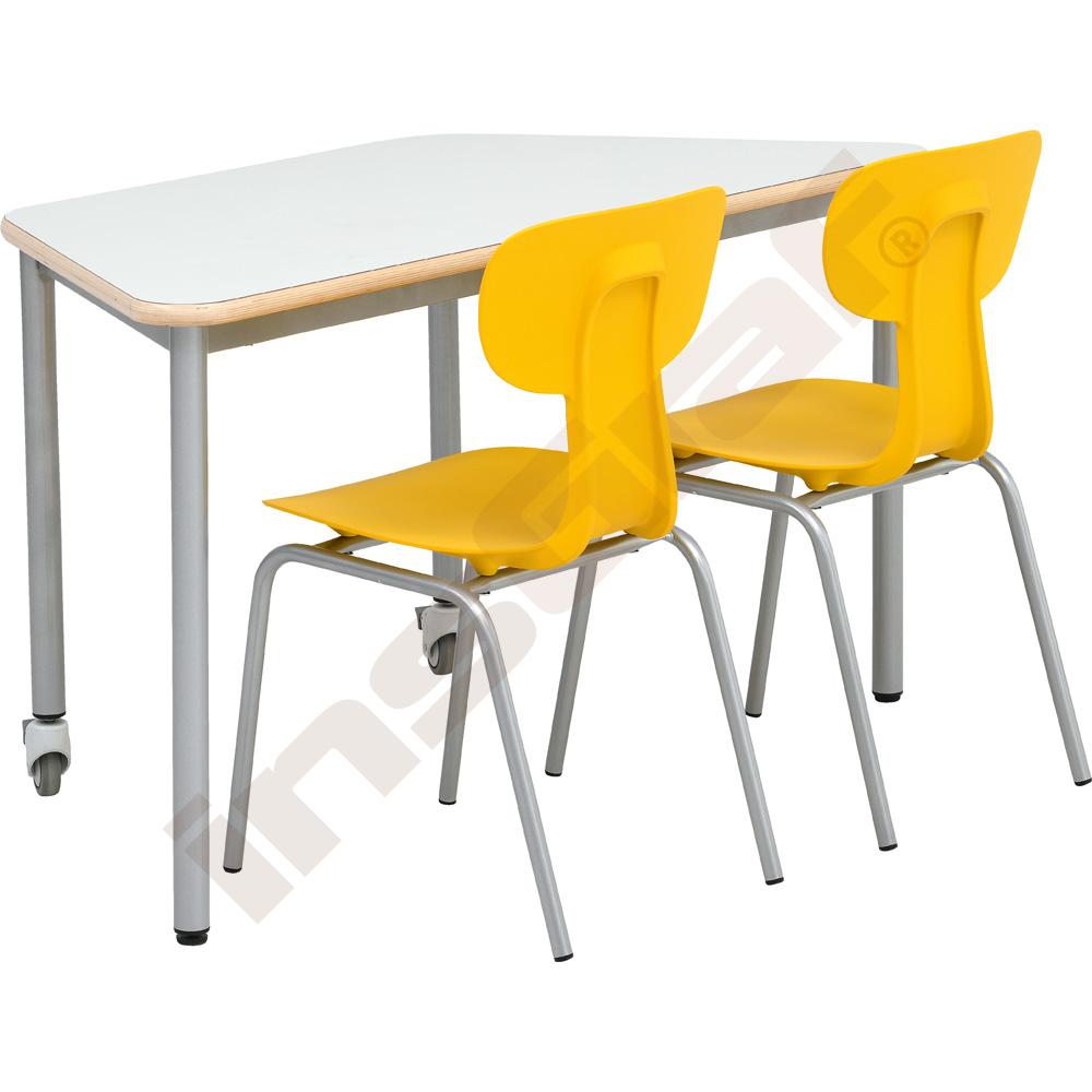 
Set Nr. 142 - Gr. 5, Tisch Mila HPL (trapezförmig, grau) auf Rollen, mit Stühlen Ergo gelb, SH 43 cm
