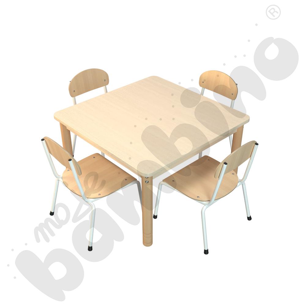 Stół kwadratowy klon z klonowym obrzeżem z 4 krzesłami Bambino białymi, rozm. 1