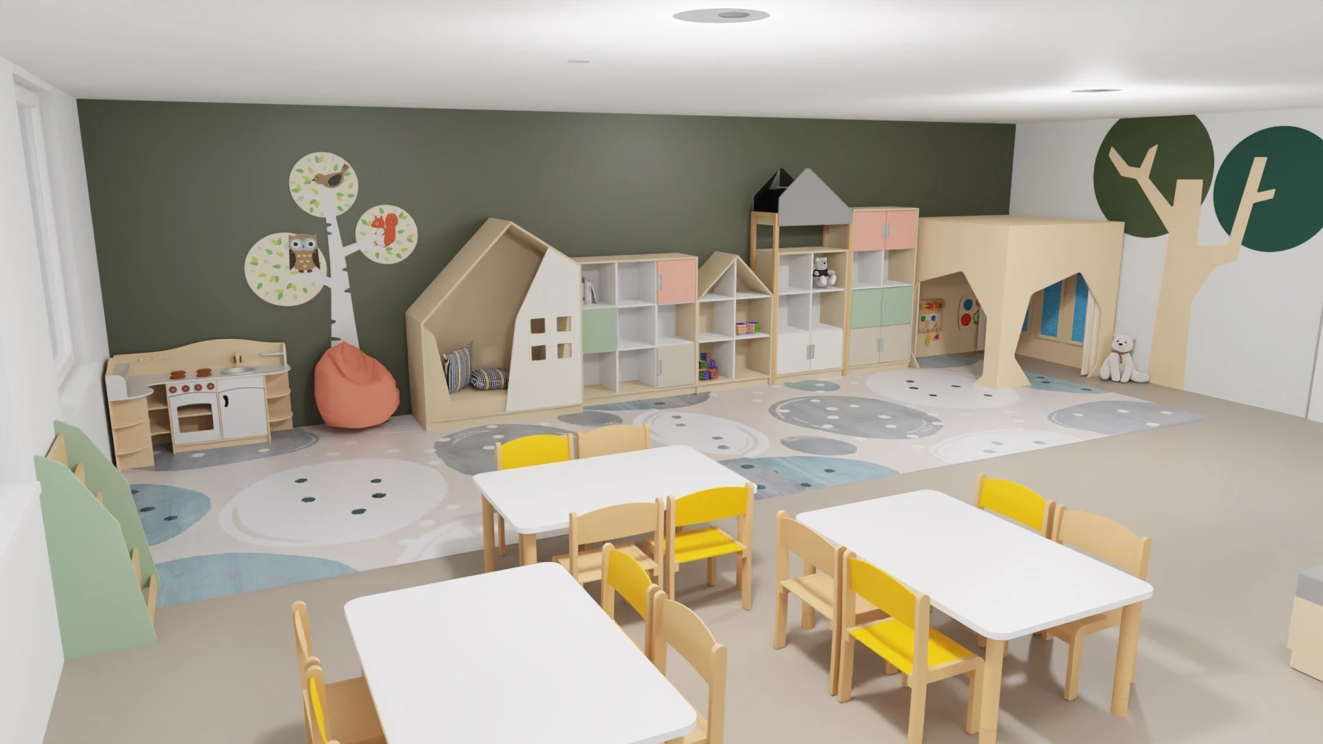 Trieda materskej školy so sériou Quadro v jemných odtieňoch a hracími prvkami