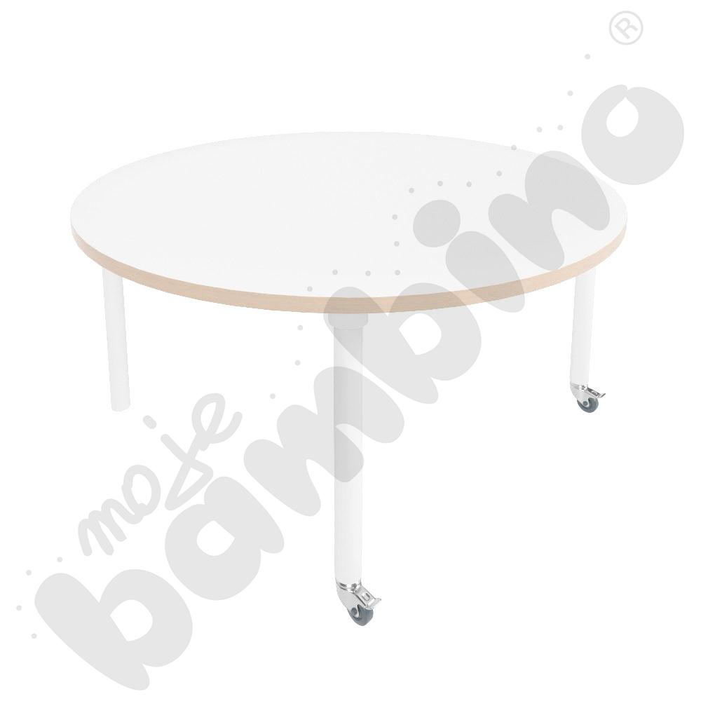 Stół Marcus śr. 120 cm, rozm. 3, nogi drewniane białe z 2 kółkami, blat biały, obrzeże ABS