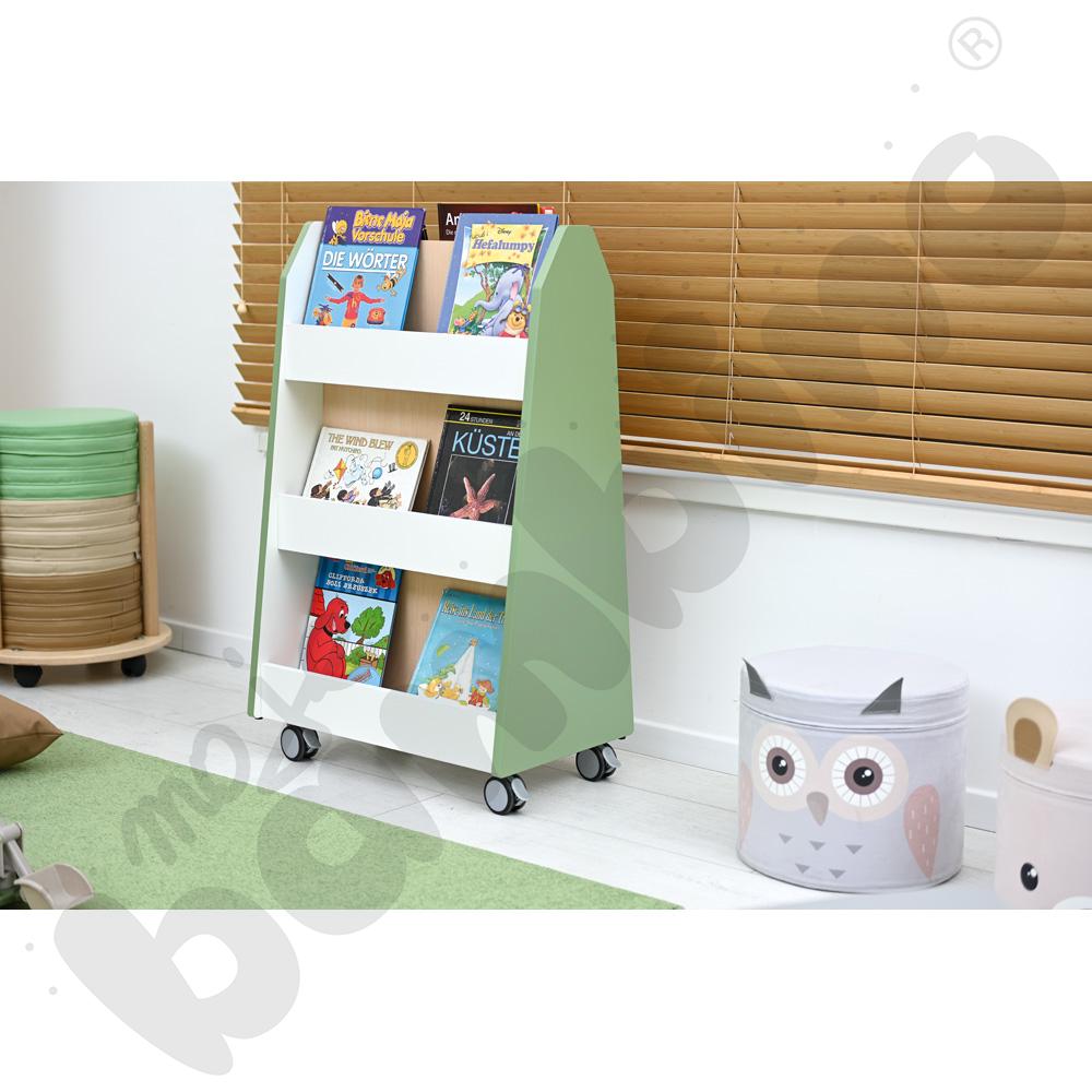 Quadro - dwustronna biblioteczka mobilna, oliwkowa, skrzynia klon jasny