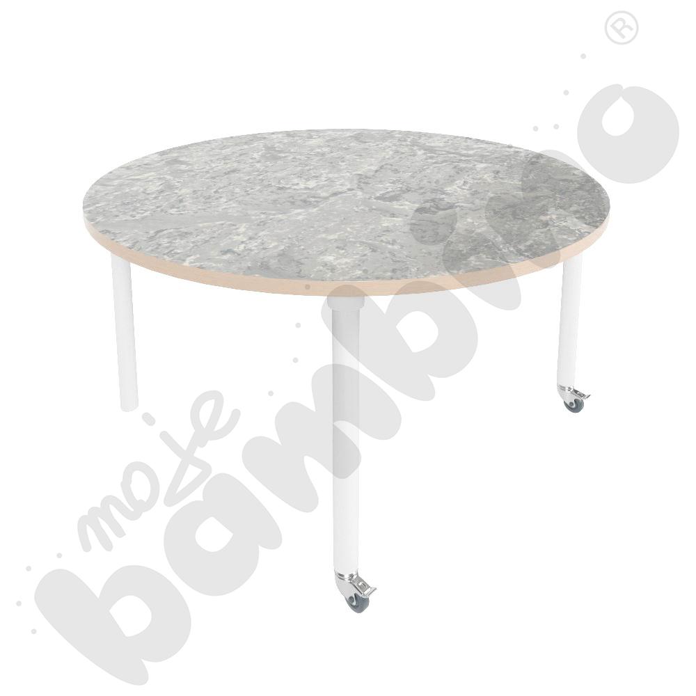 Stół Marcus śr. 120 cm, rozm. 4, nogi drewniane białe z 2 kółkami, blat cichy jasnoszary, obrzeże ABS