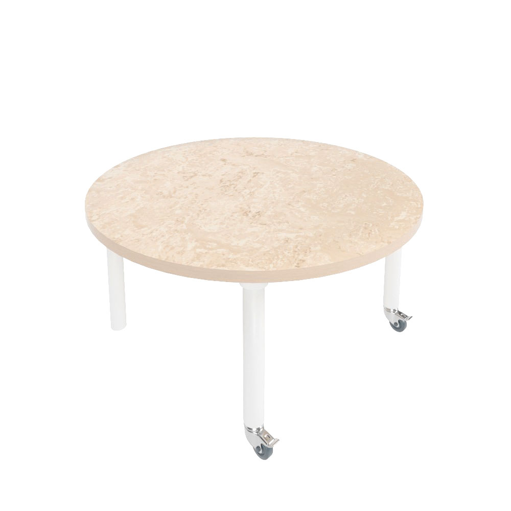 Tichý stôl Marcus priem. 90 cm, veľ. 1, nohy drevené biele s dvoma kolieskami, doska béžová, hrana ABS