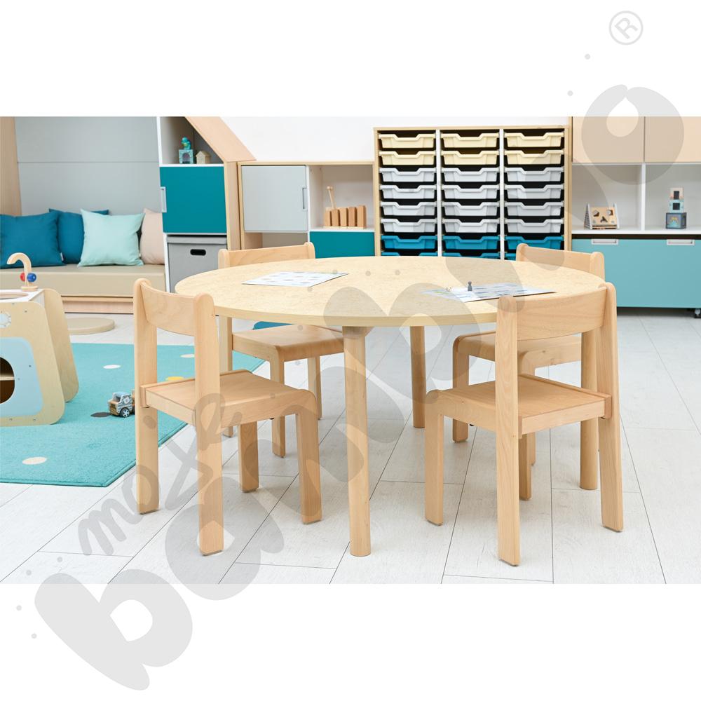 Stół Marcus Cichy okrągły 120 x 120 rozm. 3, stelaż drewniany brzozowy, stopka drewniana, blat beżowy, narożniki zaokrąglone