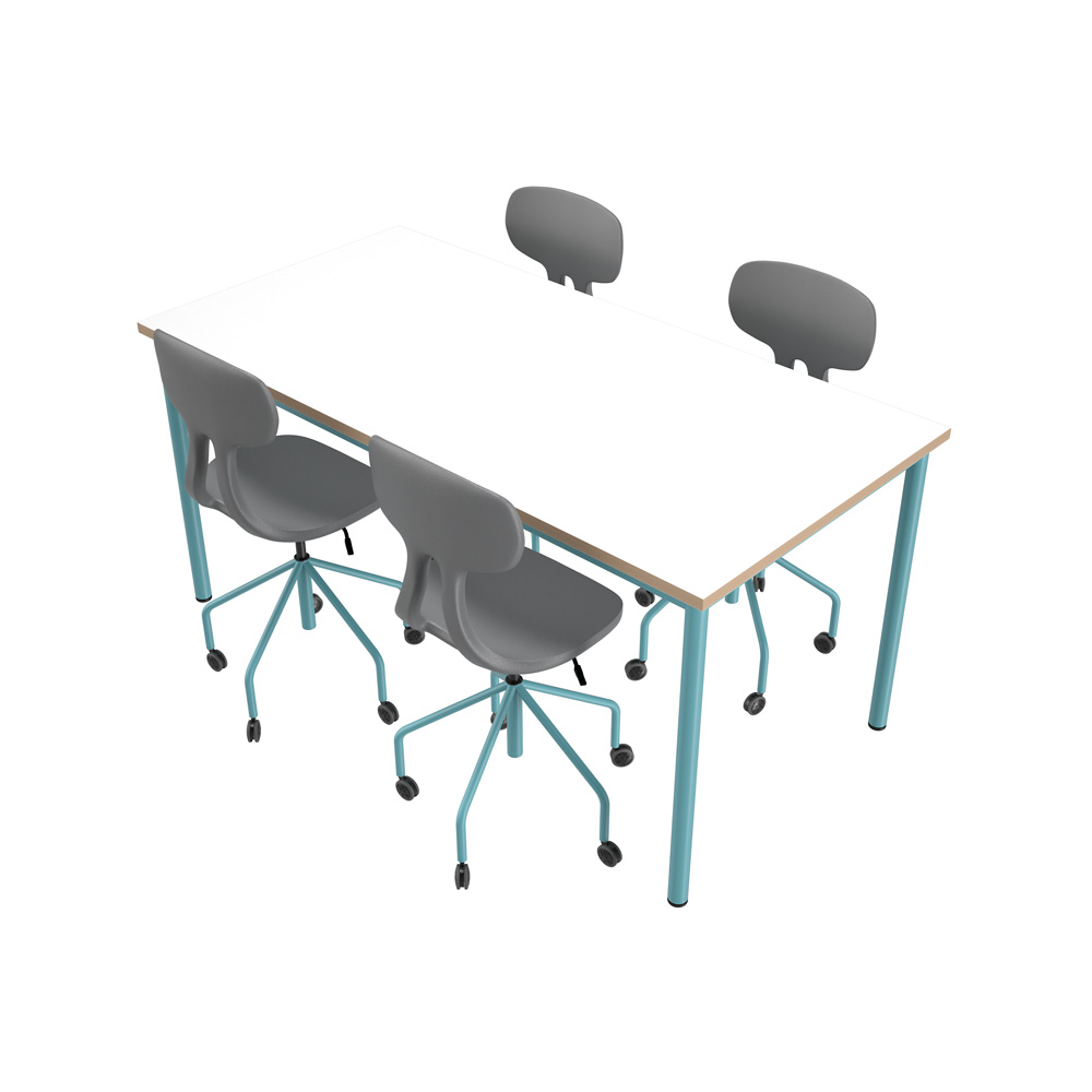Stôl Mila 160 x 80 biely, tyrkysová konštrukcia, so 4 stoličkami Piano sivo-tyrkysovými, veľ. 6
