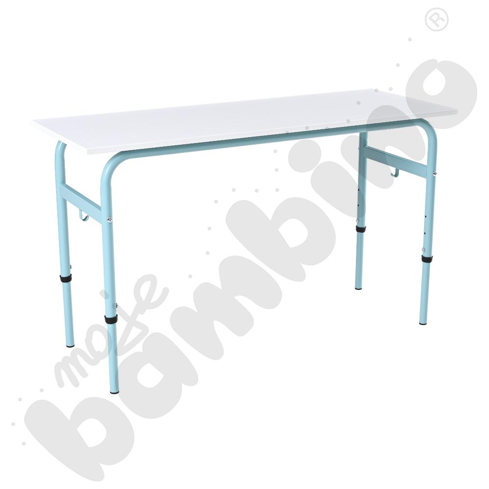 Stół Daniel 130x50 rozm. 4-6, 2-os., stelaż turkusowy, blat biały, obrzeże ABS, narożniki proste