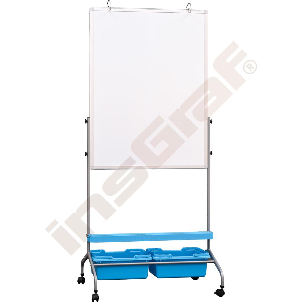Bílá magnetická mobilní tabule 75 x 100 cm - modré zásobníky