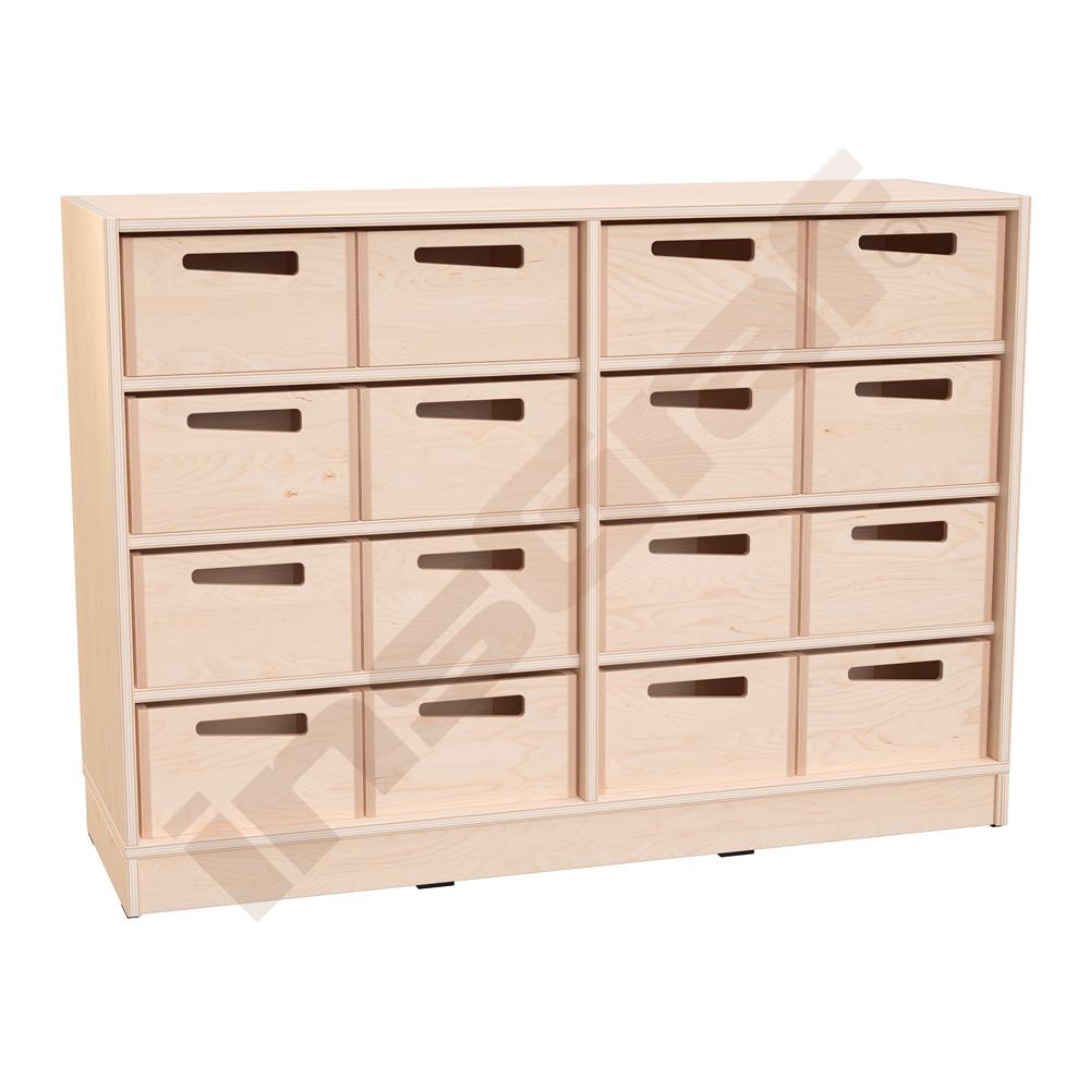 
Echtholz Regal M, B 121 cm, 16 Holzkästen H16, auf Sockel
