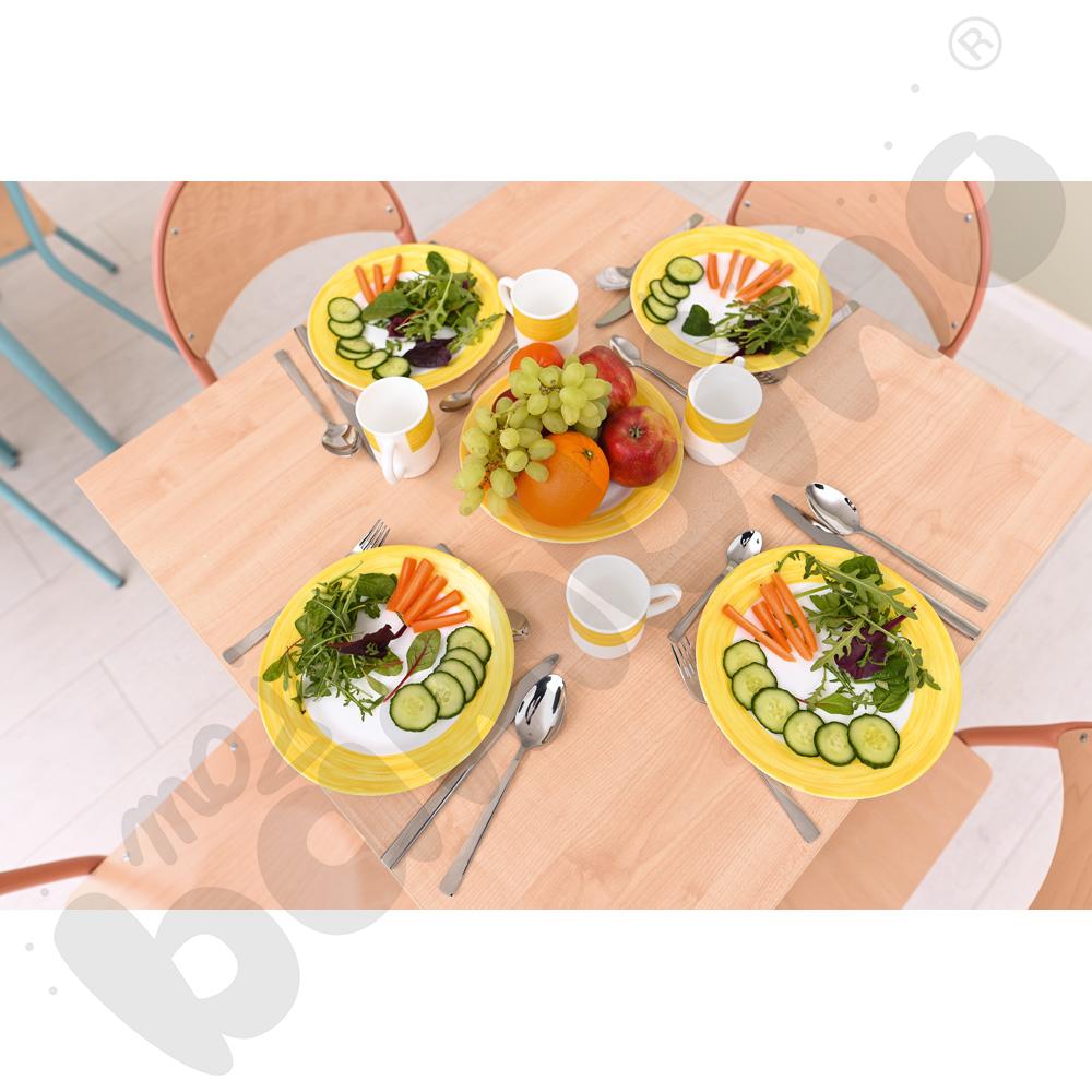 Stół Mila 80 x 80 klon jasny z 4 krzesłami P, rozm. 6, łososiowe