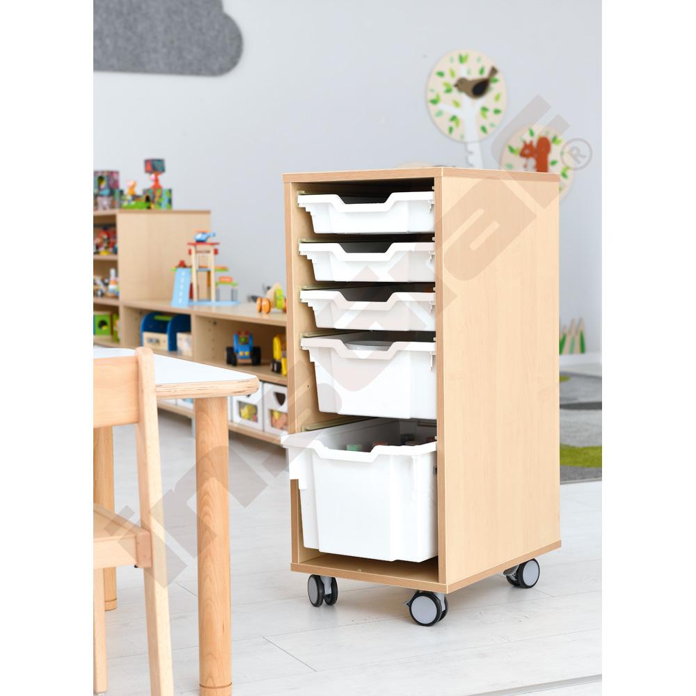 Flexi regál D na plastové zásobníky - 1 sloup - s kolečky