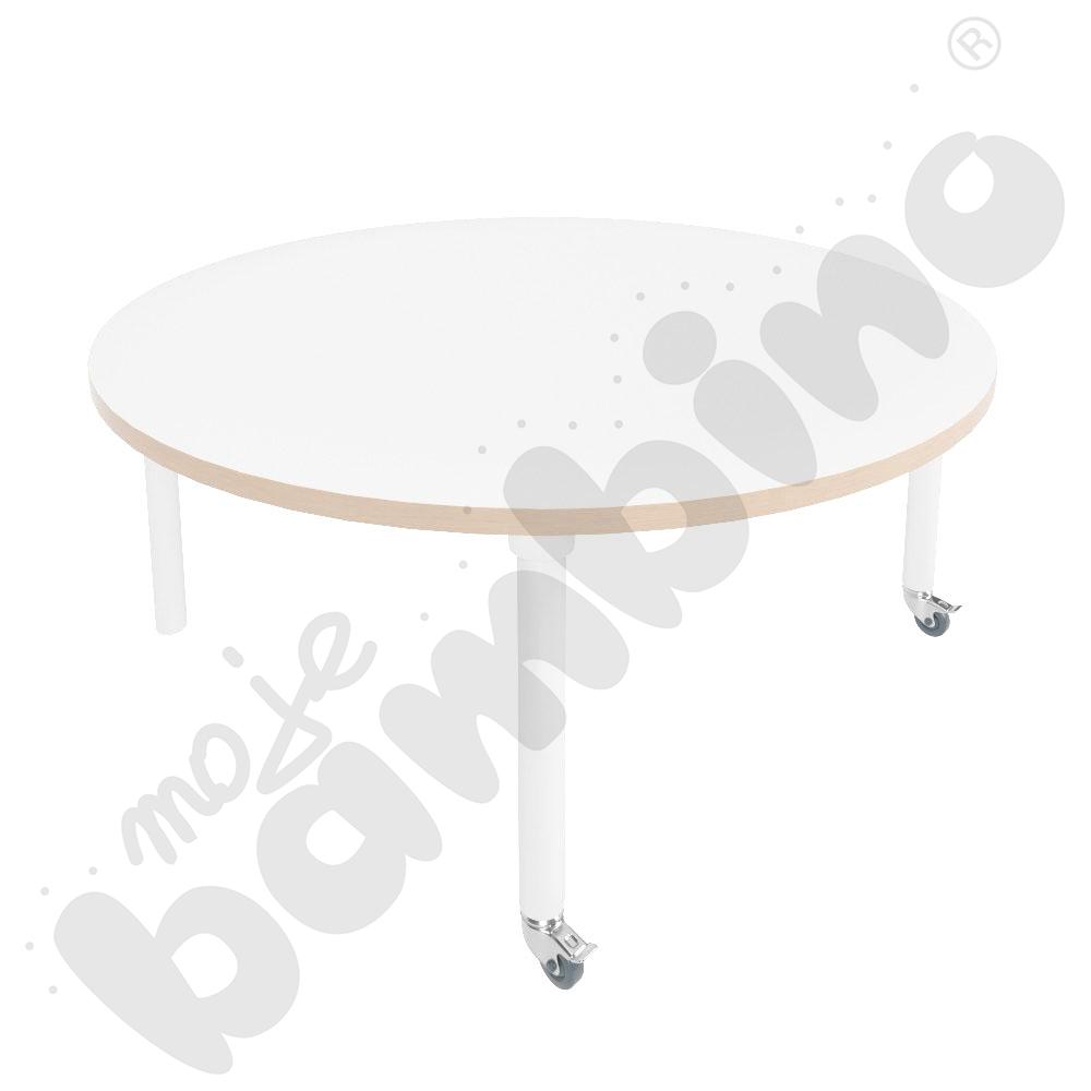 Stół Marcus śr. 120 cm, rozm. 2, nogi drewniane białe z 2 kółkami, blat biały, obrzeże ABS