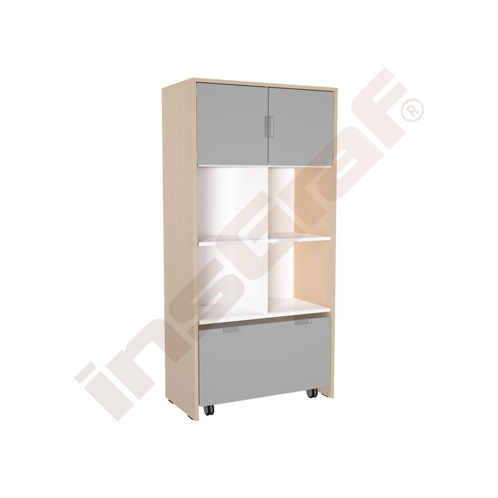 
Schrank XL mit Rollbehälter, Türen und offenen Fächern, B 79, Ahorn Jylland - grau (Quadro 245-180°)
