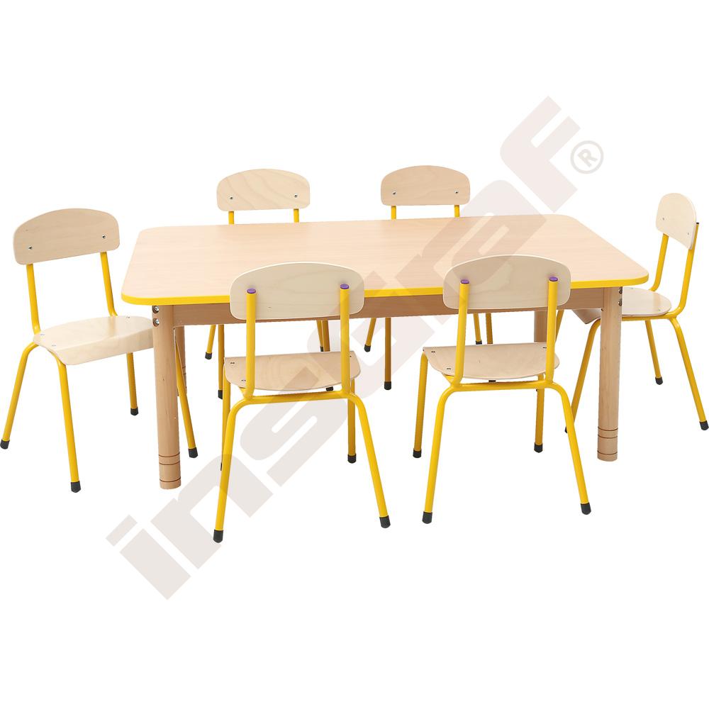 Obdélníkový stůl se žlutou hranou a 6 židlemi Bambino, vel. 1