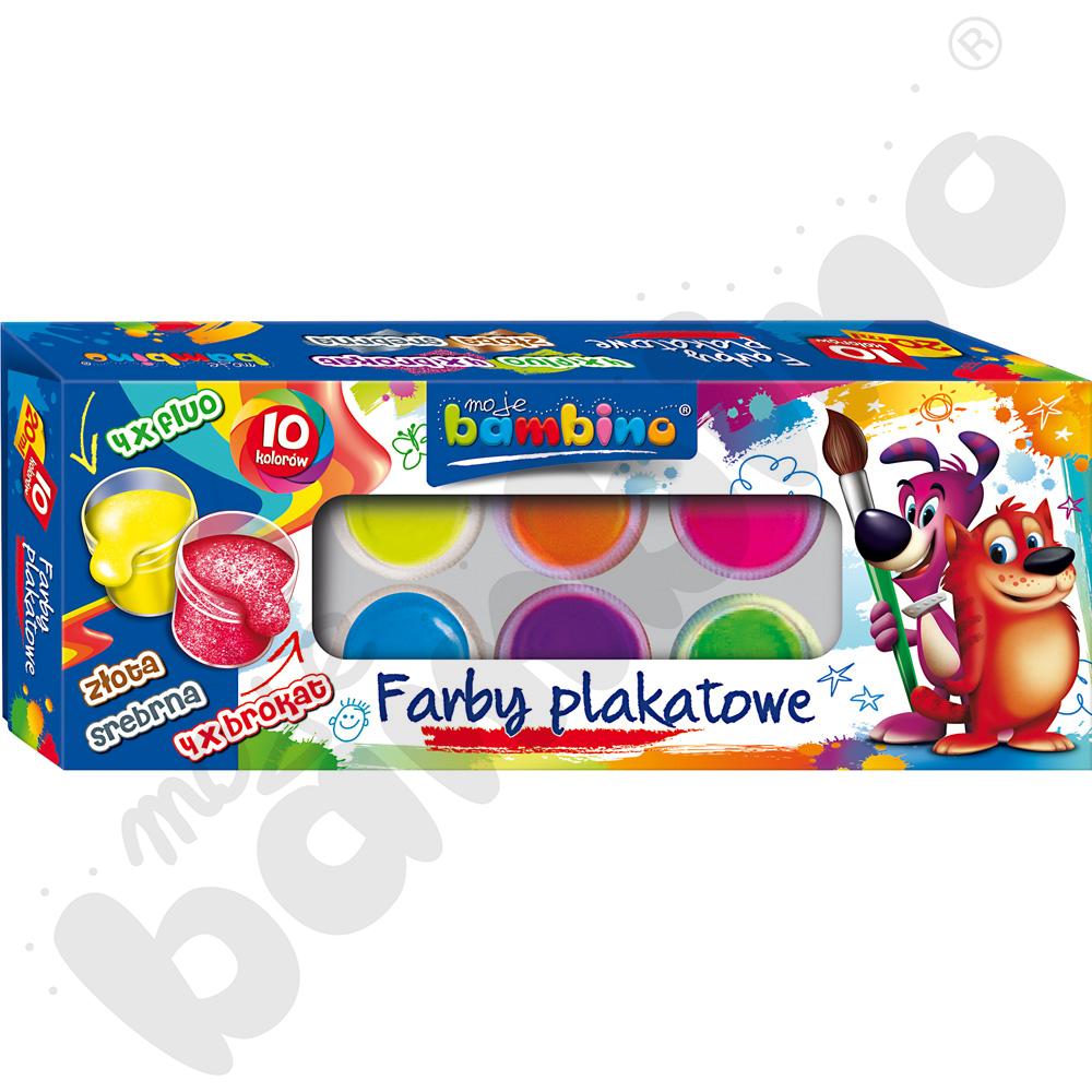 Farby plakatowe 10 kolorów (4xfluo, 4xbrokat, srebrna, złota)
