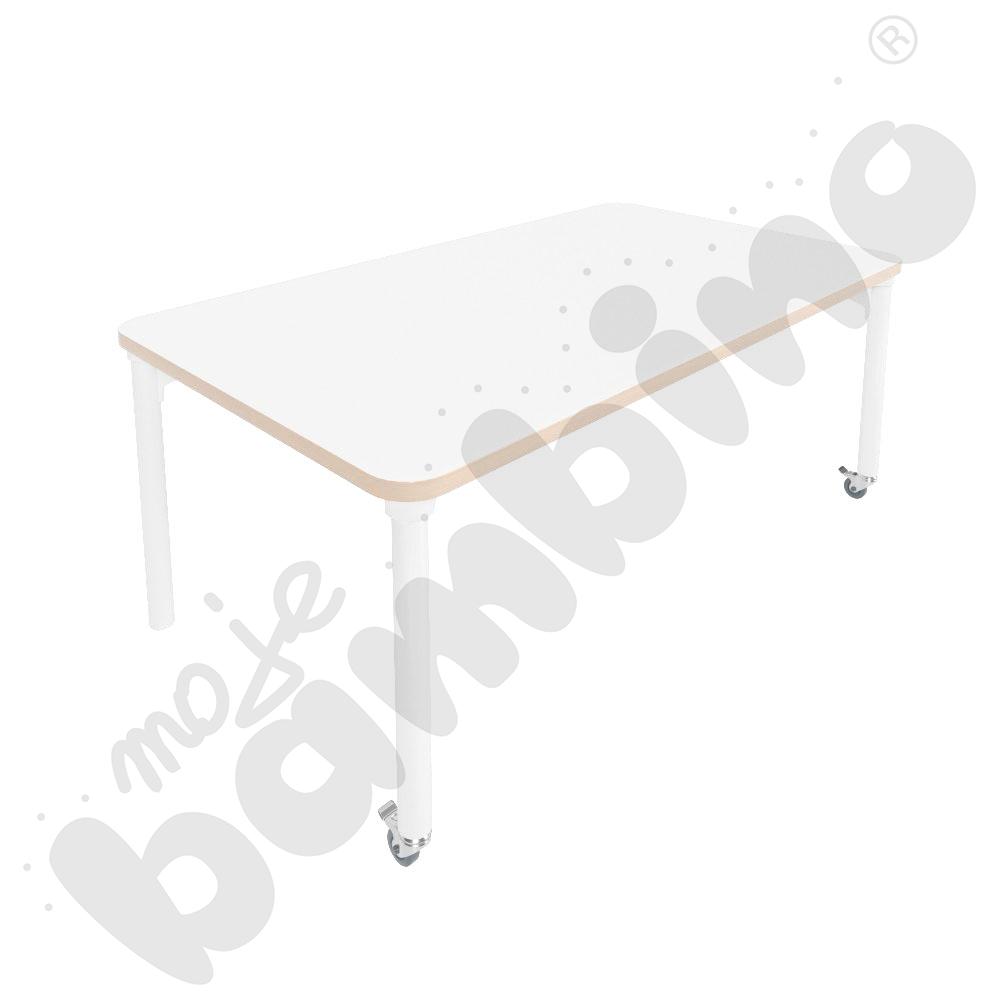 Stół Marcus 140 x 80 cm, rozm. 3, nogi drewniane białe z 2 kółkami, blat biały, obrzeże ABS