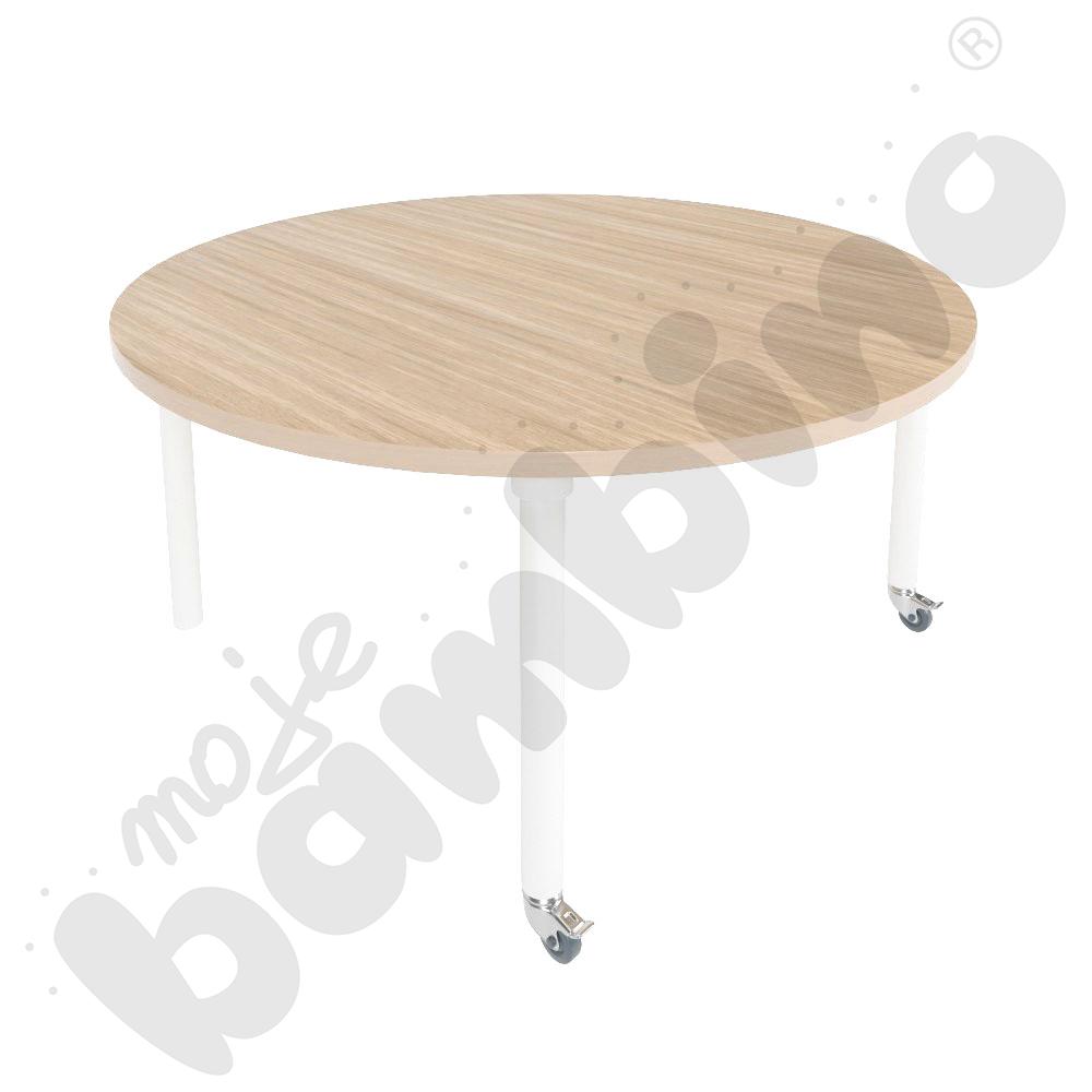 Stół Marcus śr. 90 cm, rozm. 4, nogi drewniane białe z 2 kółkami, blat HPL klon, obrzeże ABS