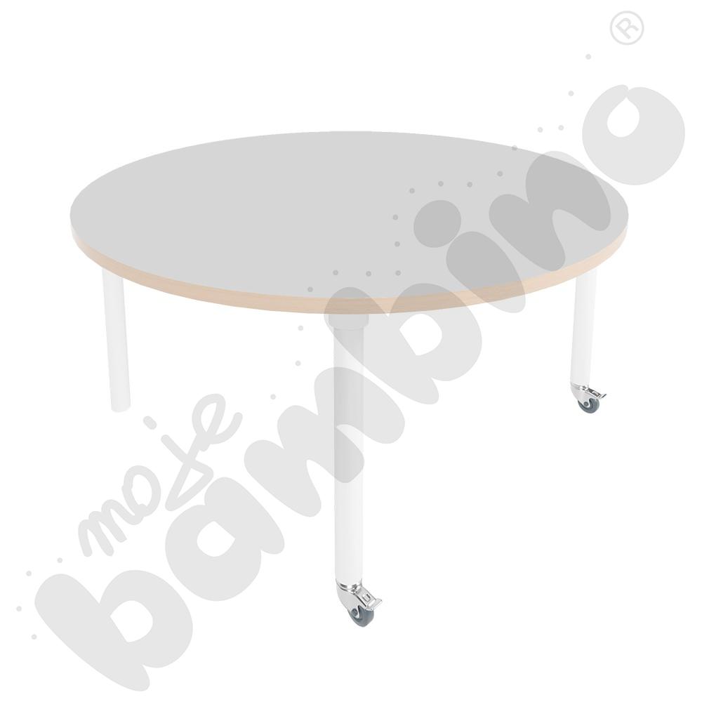 Stół Marcus śr. 120 cm, rozm. 3, nogi drewniane białe z 2 kółkami, blat jasnoszary, obrzeże ABS