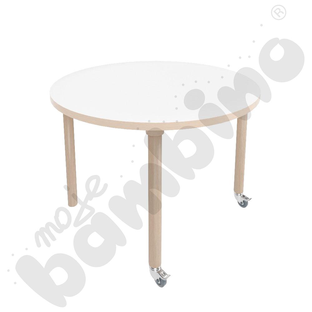 Stół Marcus śr. 90 cm, rozm. 4, nogi drewniane brzozowe z 2 kółkami, blat HPL biały, obrzeże ABS