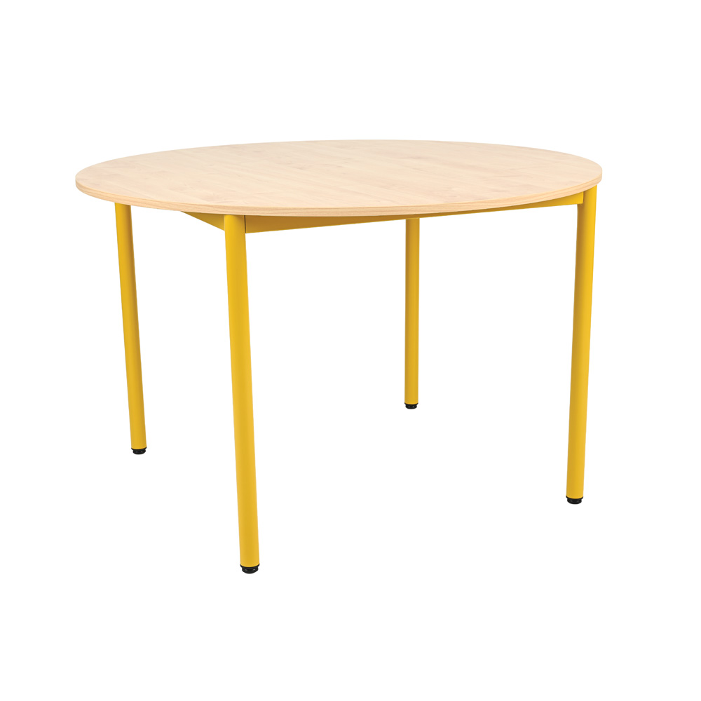 Stôl Mila okrúhly 120 cm, veľ. 6, pracovná doska javor, horčicová konštrukcia