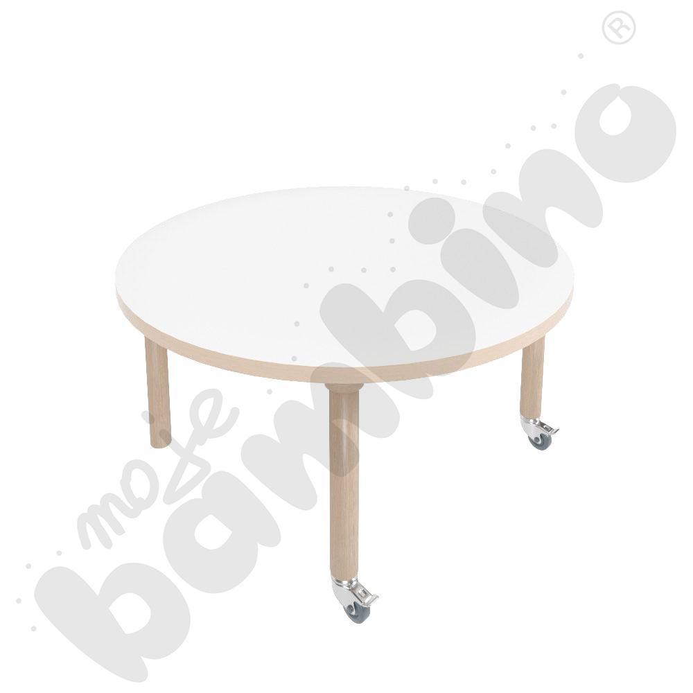 Stół Marcus śr. 90 cm, rozm. 1, nogi drewniane brzozowe z 2 kółkami, blat HPL biały, obrzeże ABS