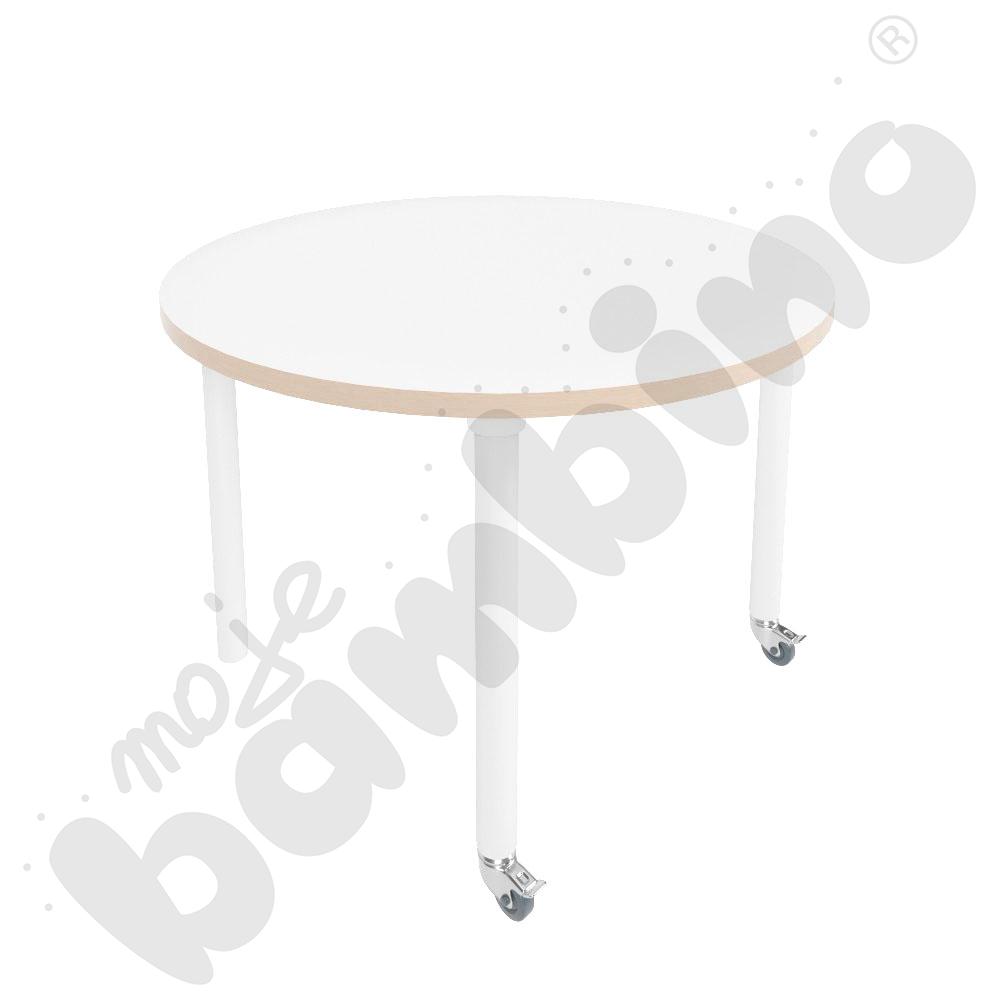 Stół Marcus śr. 90 cm, rozm. 4, nogi drewniane białe z 2 kółkami, blat biały, obrzeże ABS