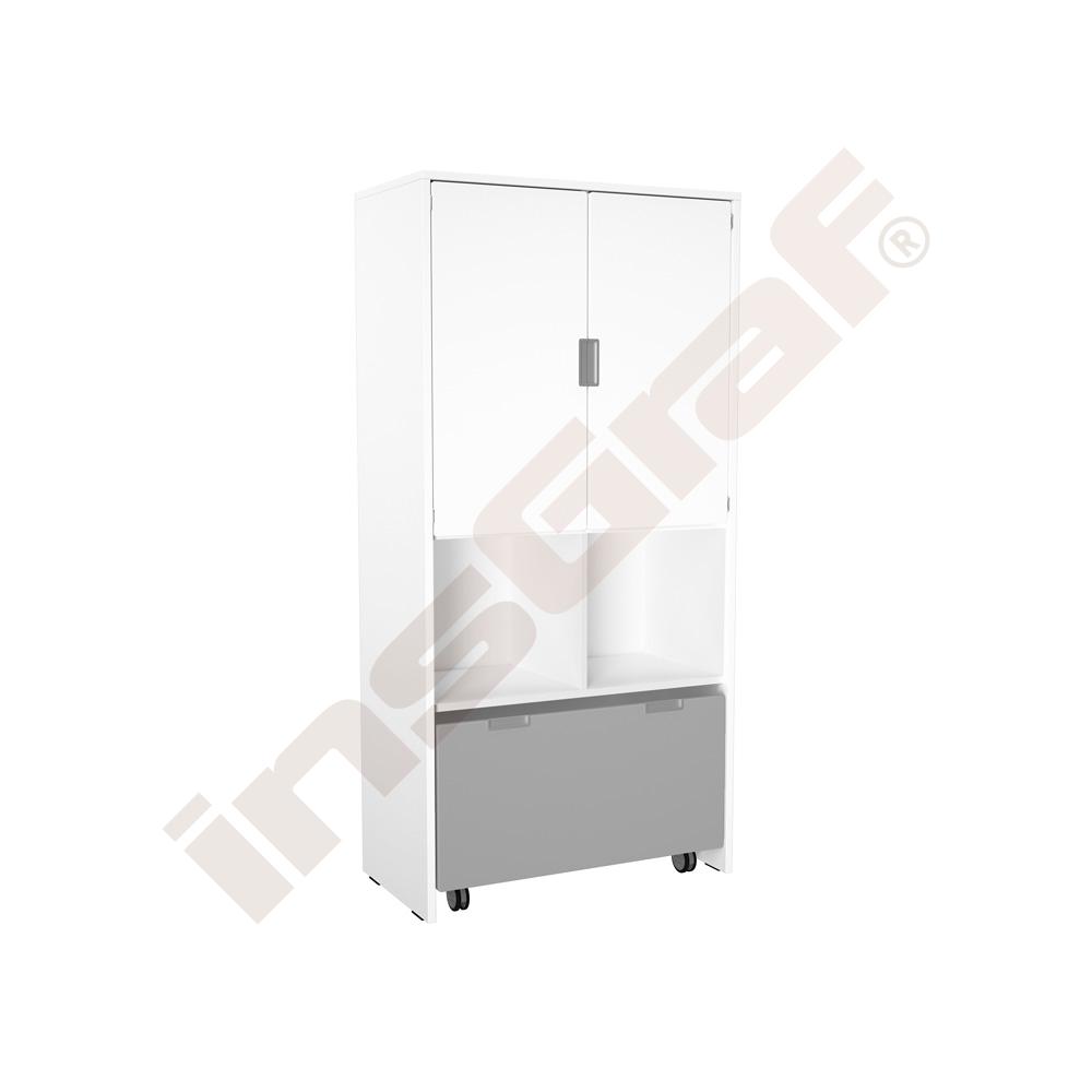 
Schrank XL mit Rollbehälter, Türen und offenen Fächern, B 79, weiß - weiß/grau (Quadro 243W-180°)

