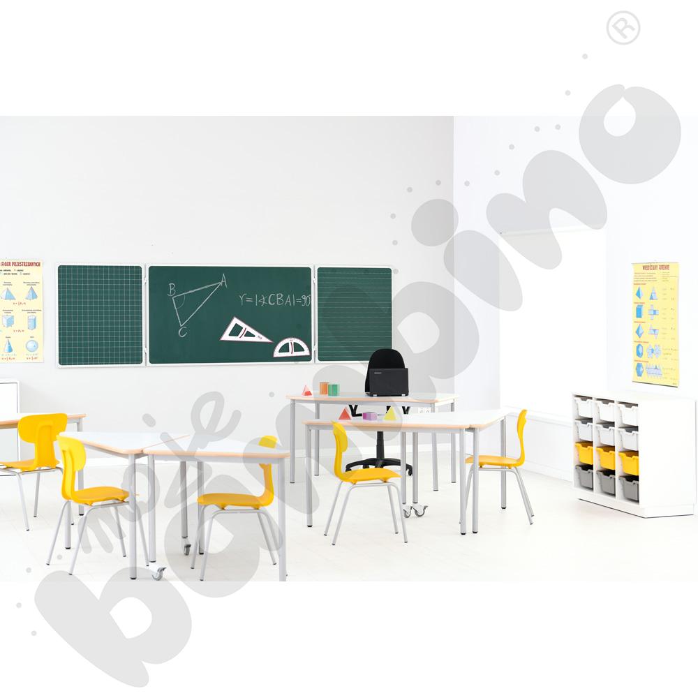 Stół Mila trójkątny 90x90x122, blat HPL biały, narożniki zaokrąglone, rozm. 6 z kółkiem