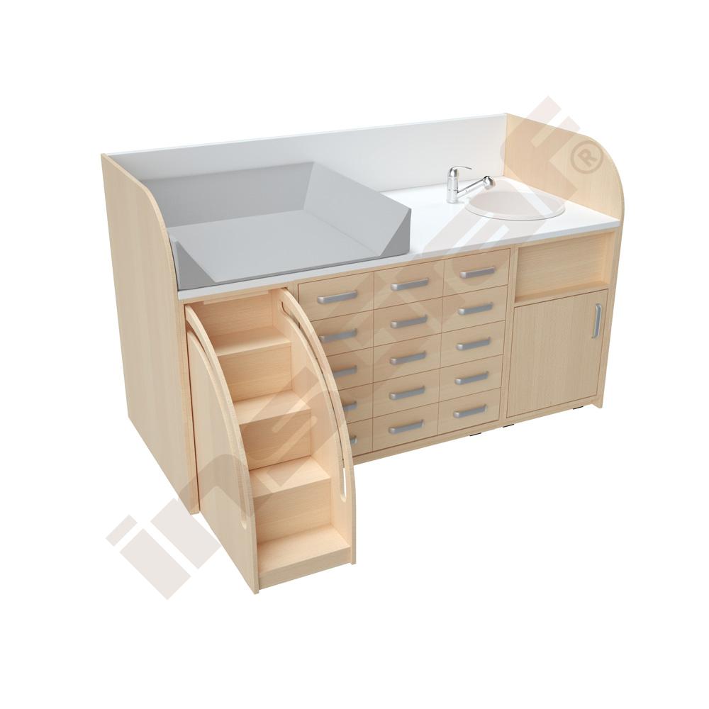 Wickelkommoden-Landschaft 6, T 90 cm, mit Waschbecken, Treppe links, Wickelauflage grau