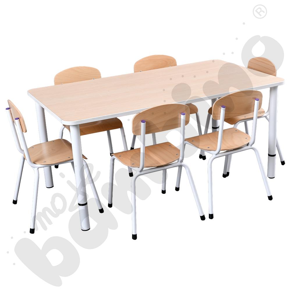 Stół Quadro z reg. wys. prostokątny z białym obrzeżem z 6 krzesłami Bambino białymi, rozm. 2