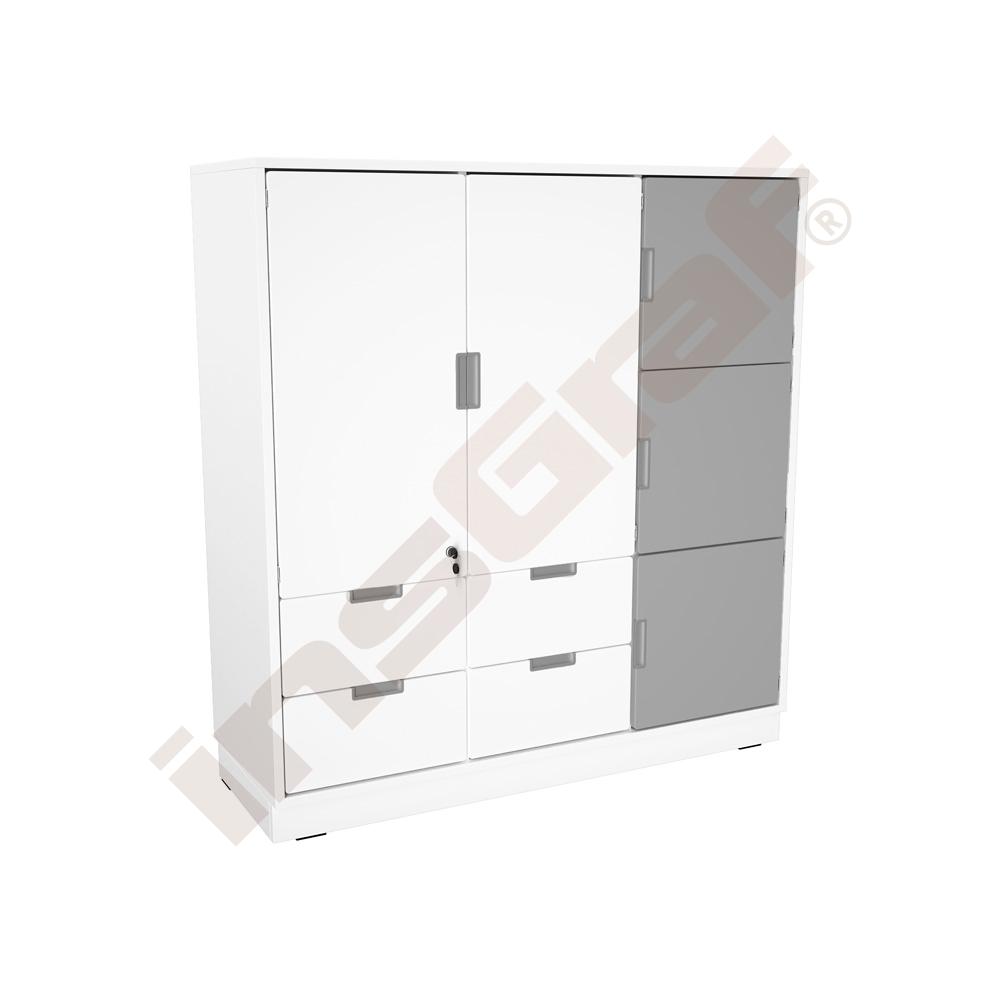 
Schrank L mit 2 Mittelwänden, mit 4 Schubladen und Türen, B 116, weiß - weiß/grau (Quadro 232W-180°)
