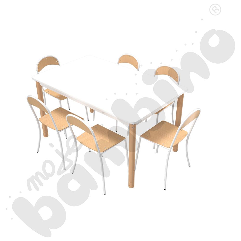 Stół prostokątny biały z reg. 3-5 z 6 krzesłami P białymi rozm. 4