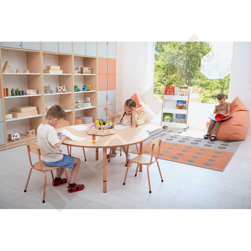 Stůl Quadro s reg. výšky kulatý s lososovou hranou a 4 židlemi Bambino lososovými, vel. 2