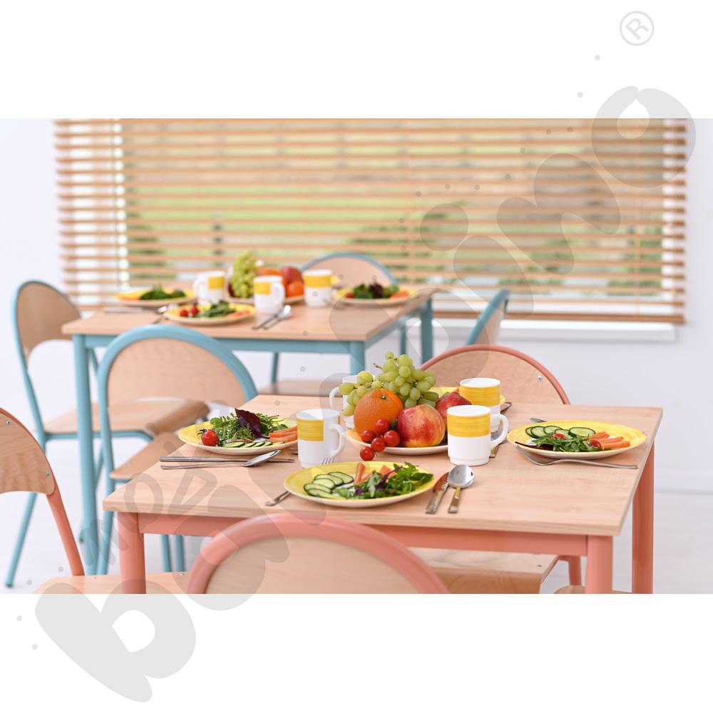 Stół Mila 80 x 80 klon jasny z 4 krzesłami P, rozm. 6, łososiowe