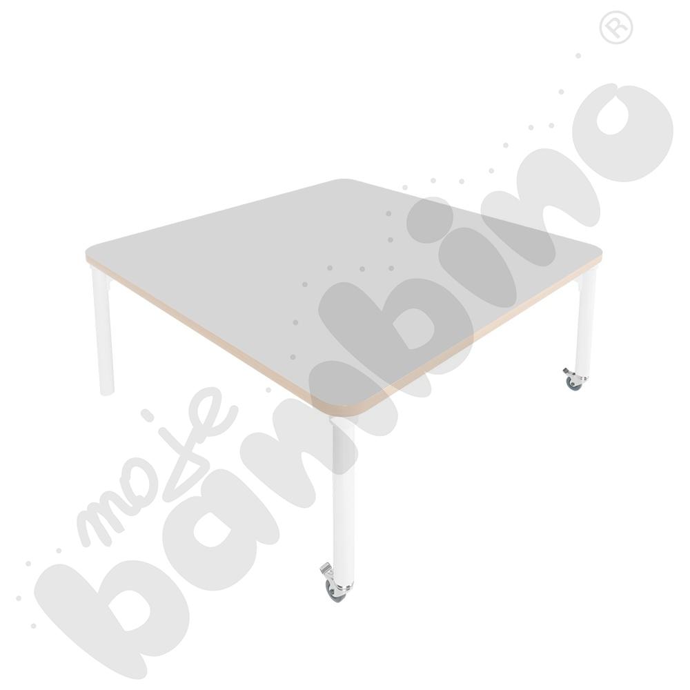 Stół Marcus 120 x 120 cm, rozm. 2, nogi drewniane białe z 2 kółkami, blat jasnoszary, obrzeże ABS