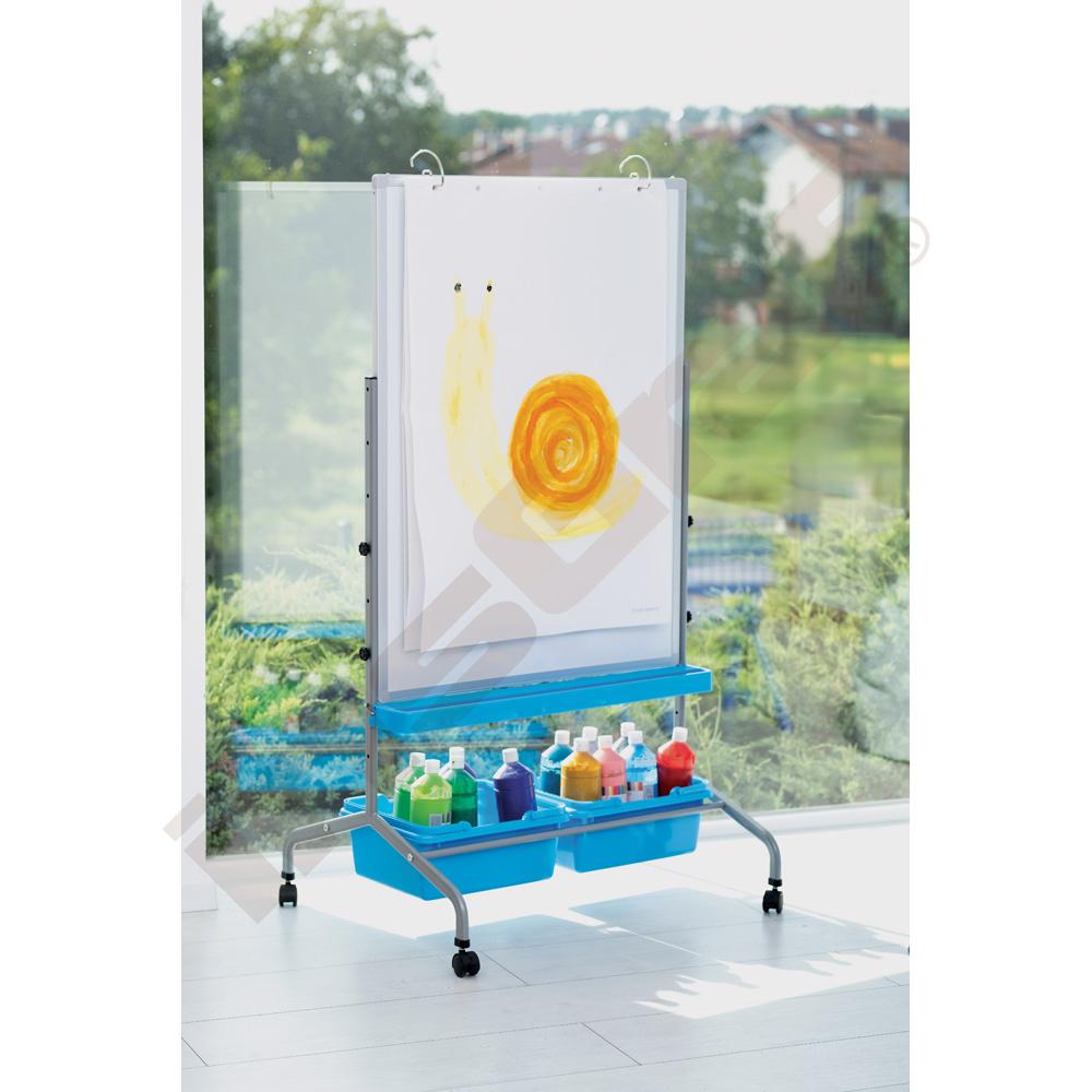 Mobilná, magnetická, nasucho stierateľná tabuľa 75 x 100 cm - modré úložné boxy