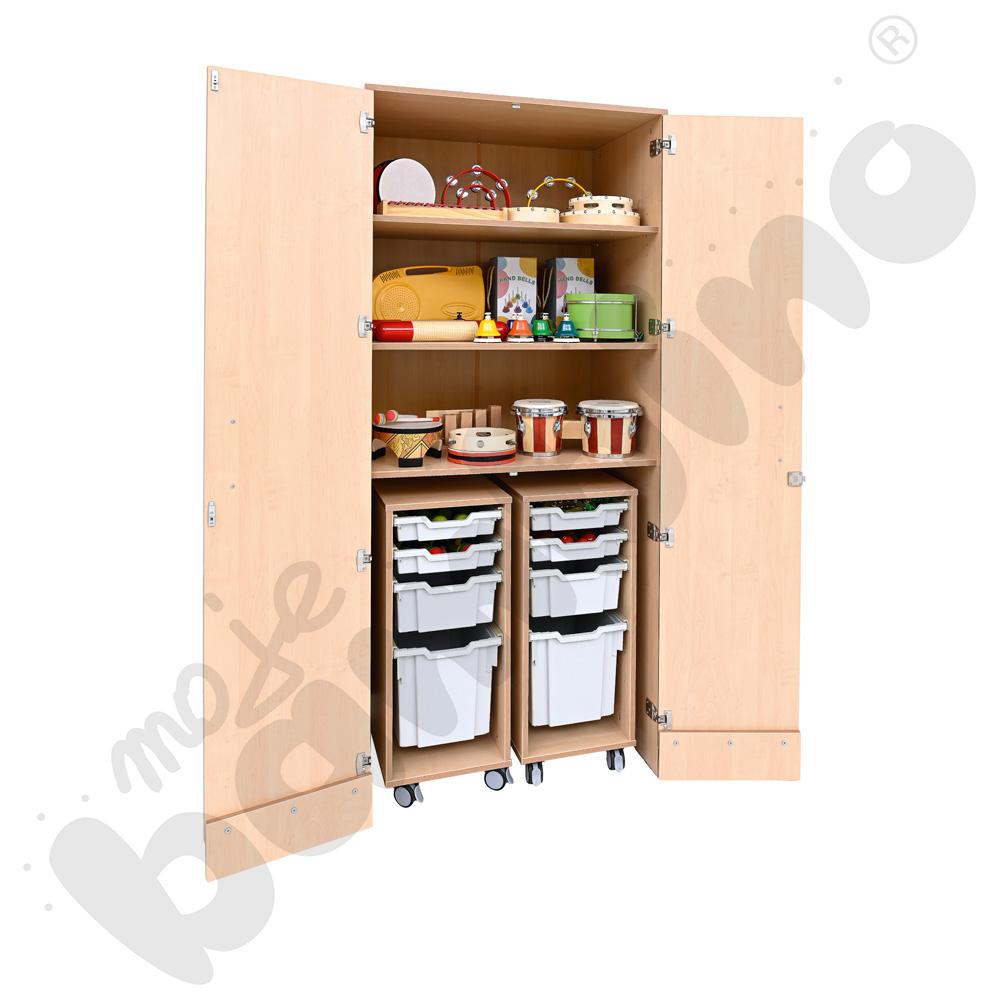 Szafa wysoka Flexi z mobilnymi organizerami i pojemnikami - jasnoszarymi