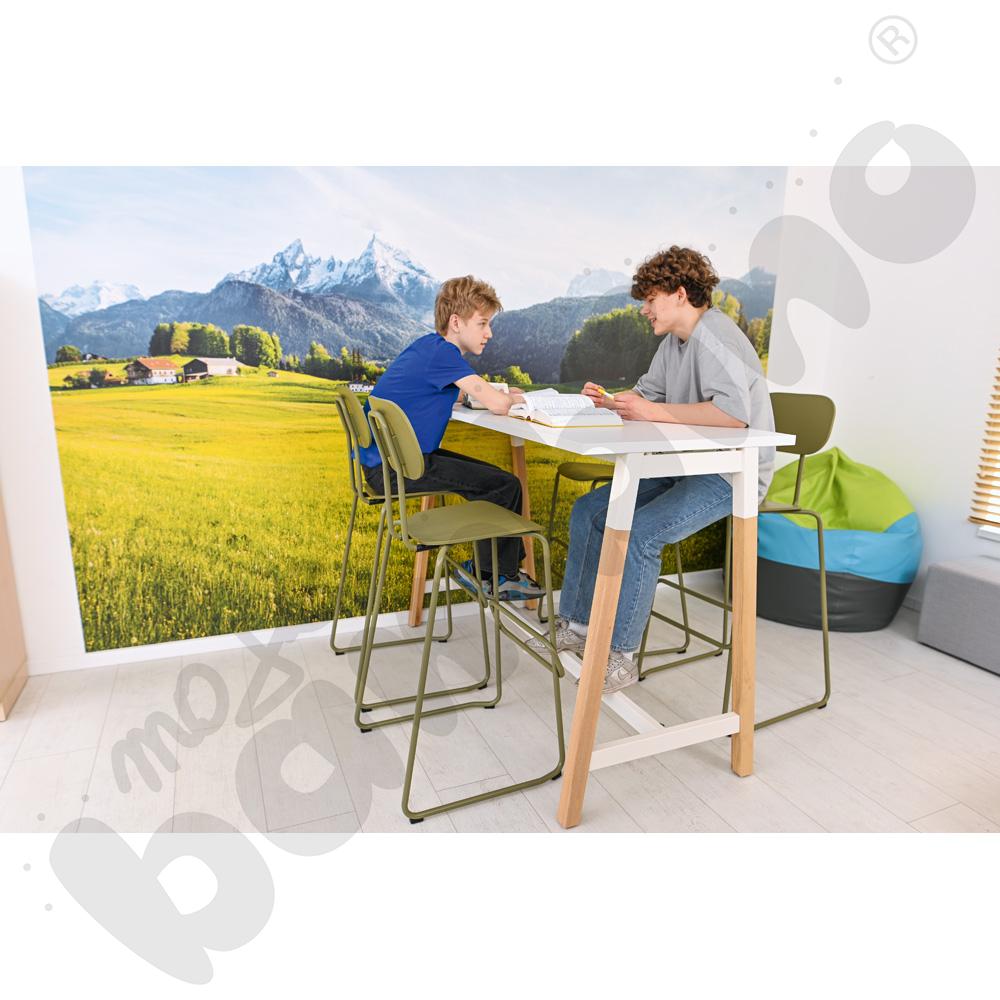 Stół wysoki OgiW biały z 4 hokerami wysokimi New School oliwkowymi