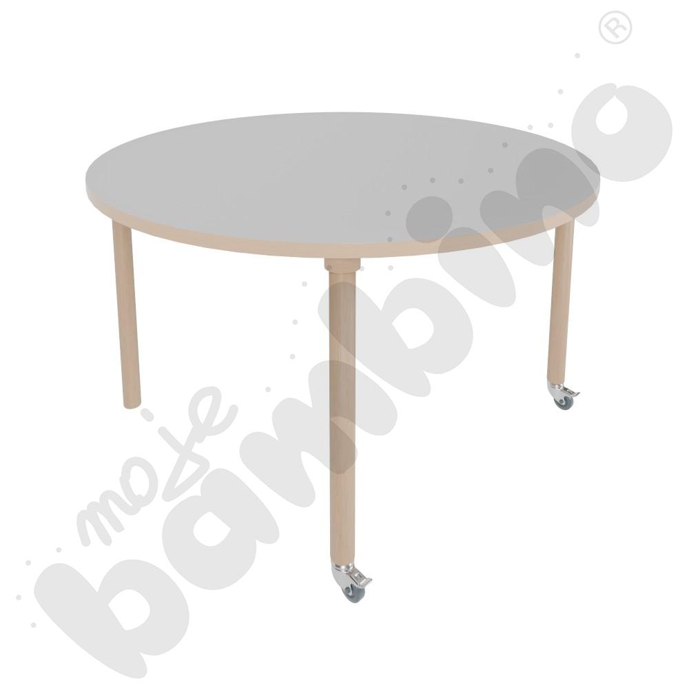 Stół Marcus śr. 120 cm, rozm. 5, nogi drewniane brzozowe z 2 kółkami, blat jasnoszary, obrzeże ABS