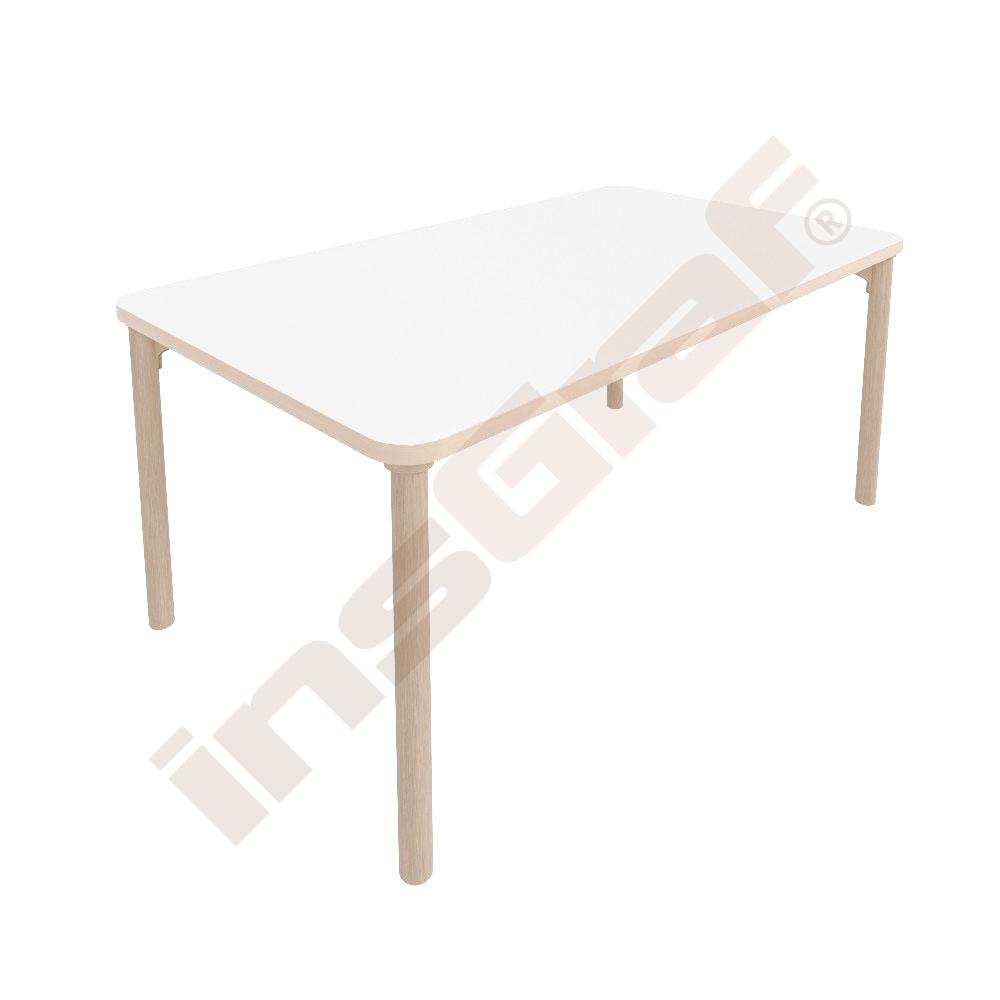 Stôl Marcus obdĺžnikový 140 x 80 veľ. 4, brezová drevená konštrukcia, drevené nohy, doska HPL biela, zaoblené rohy