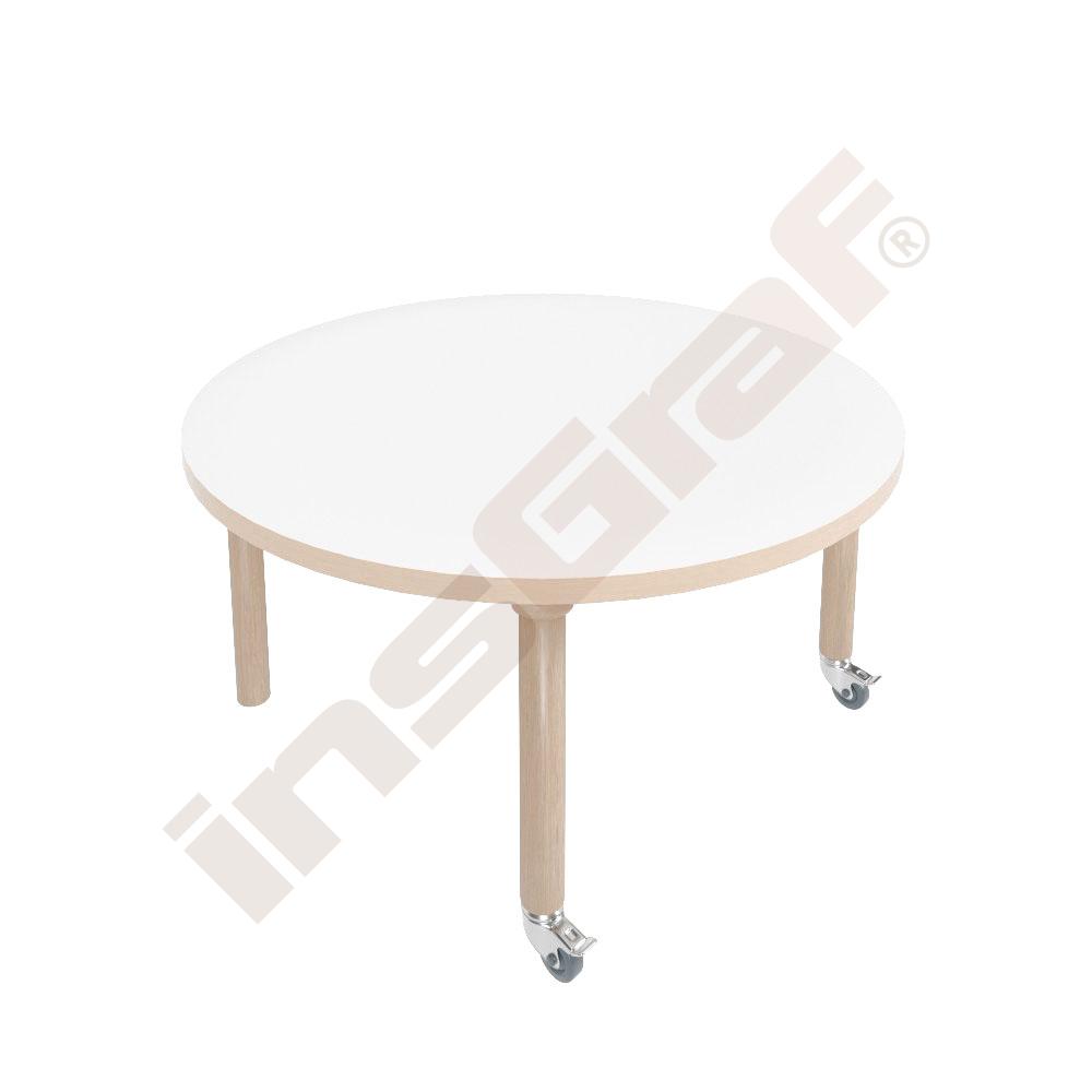 
Marcus Tisch 1 HPL, Durchmesser 90 cm, Beine Birke, TH 46 cm, auf Rollen - weiß
