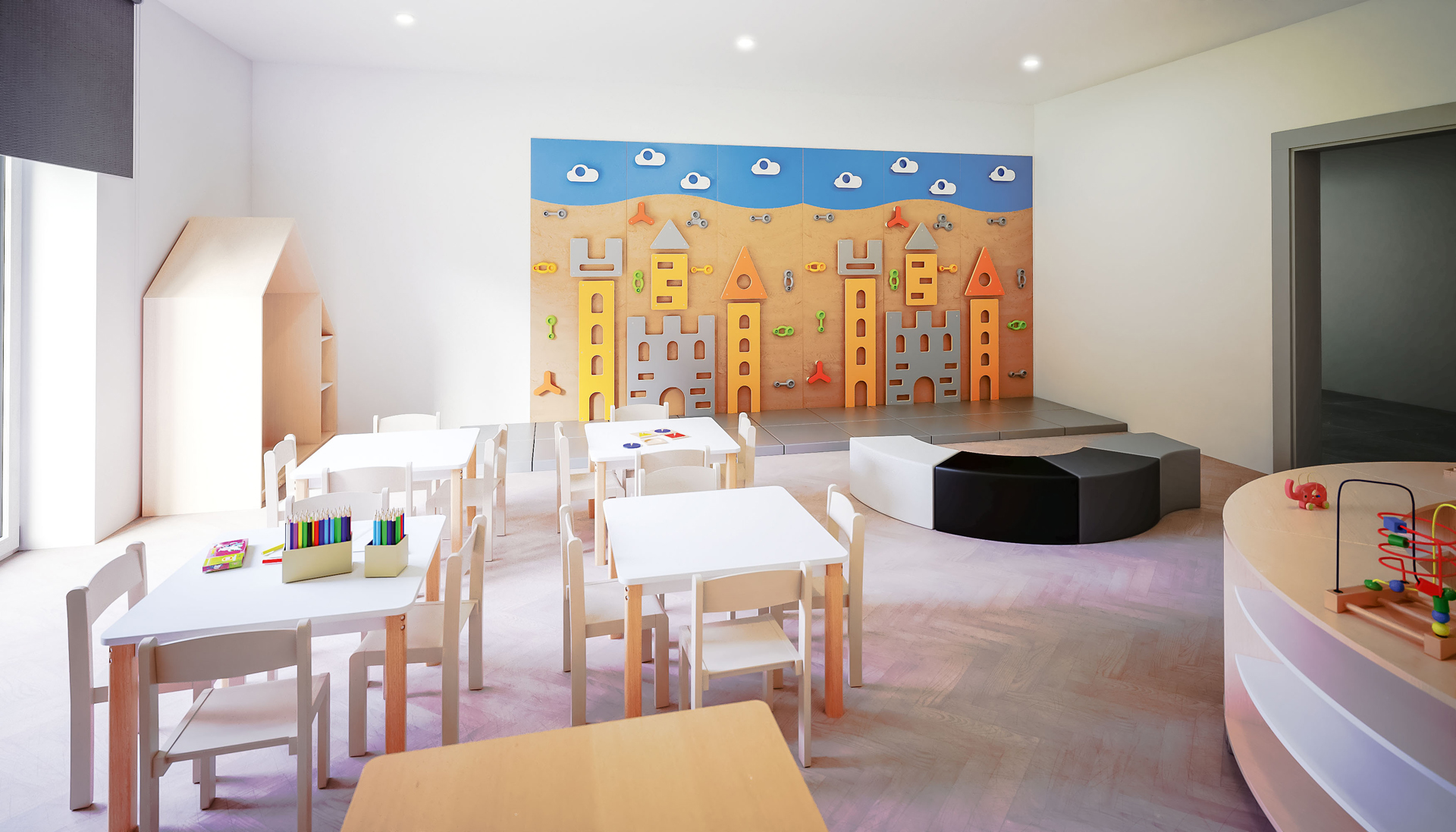 Kindergarten-Gruppenraum Quadro in Weiß-Grau