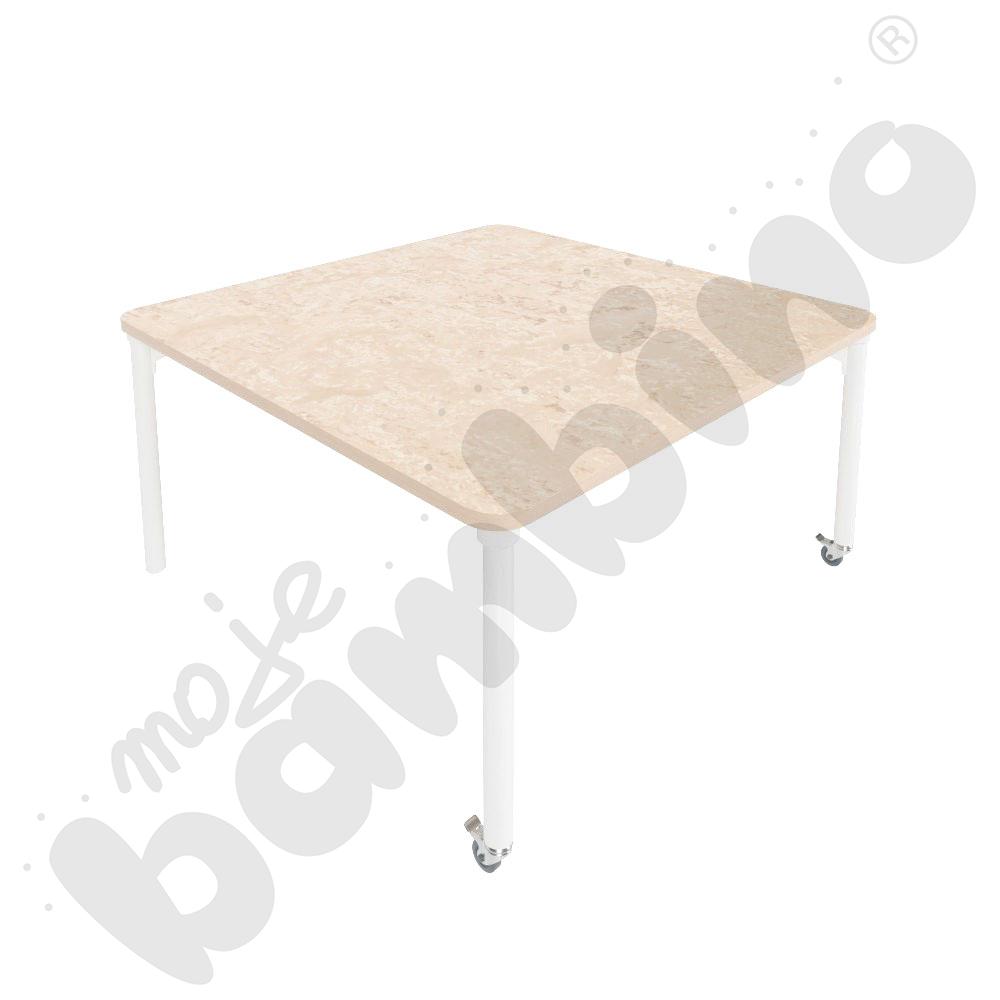 Stół Marcus 120 x 120 cm, rozm. 4, nogi drewniane białe z 2 kółkami, blat cichy beżowy, obrzeże ABS