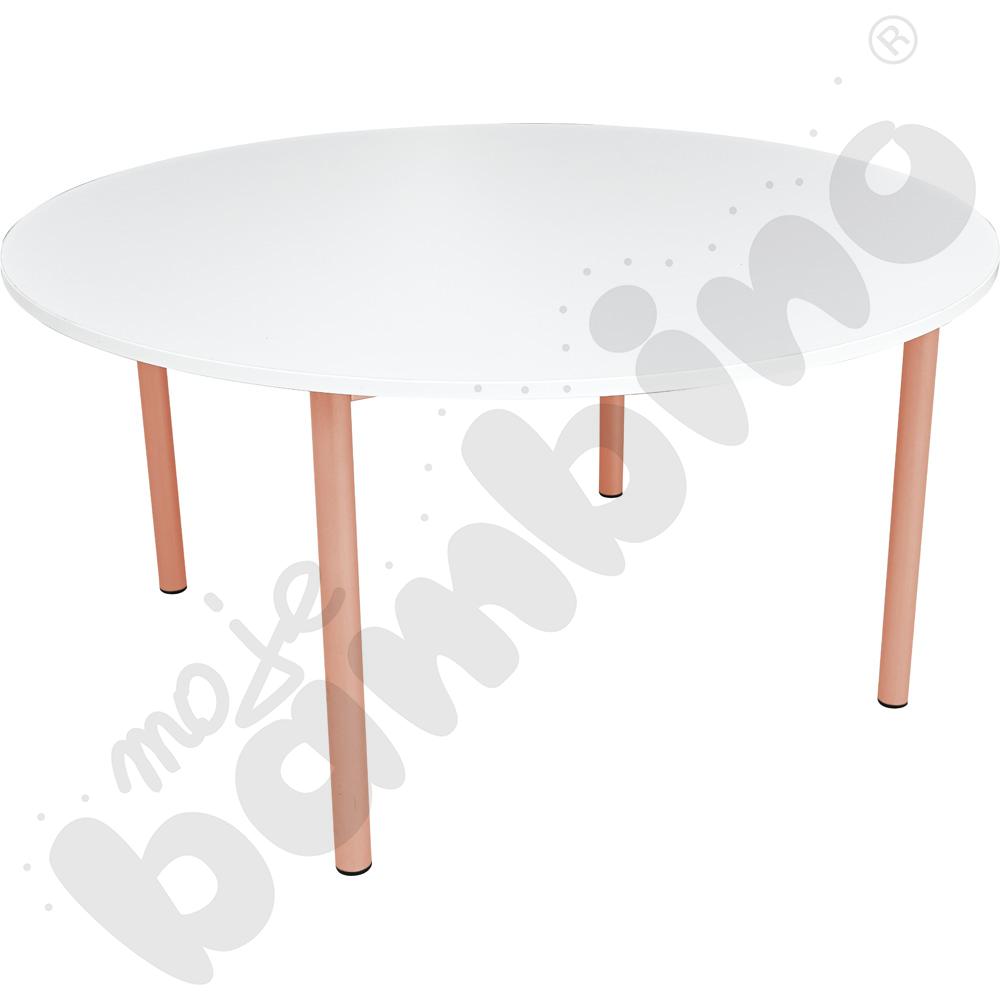 Stół Mila okrągły 120 cm, rozm. 4, blat biały, stelaż łososiowy