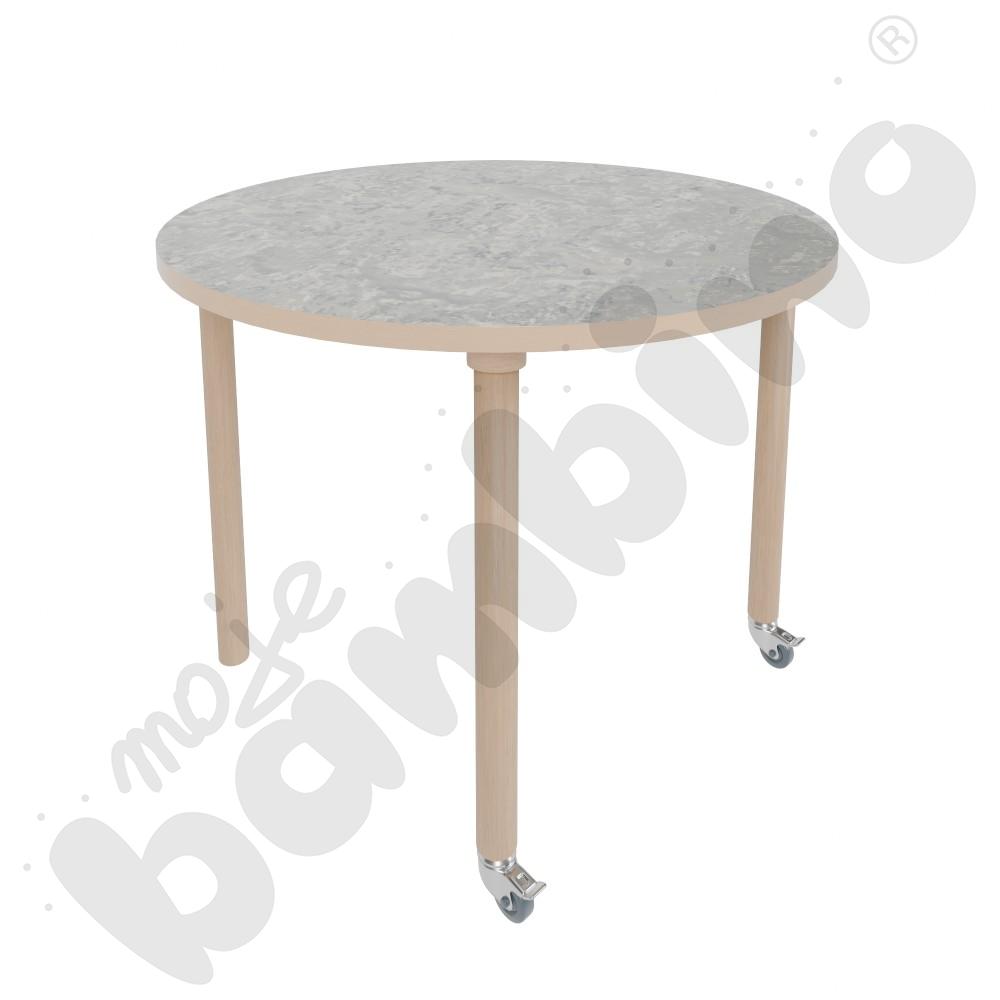 Stół Marcus śr. 90 cm, rozm. 5, nogi drewniane brzozowe z 2 kółkami, blat cichy jasnoszary, obrzeże ABS