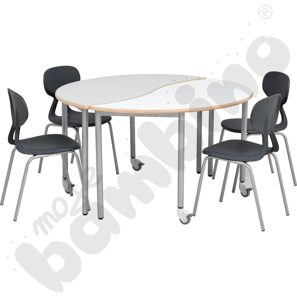 Stoły Mila półokrągłe z falą HPL z krzesłami Colores szarymi, rozm. 6