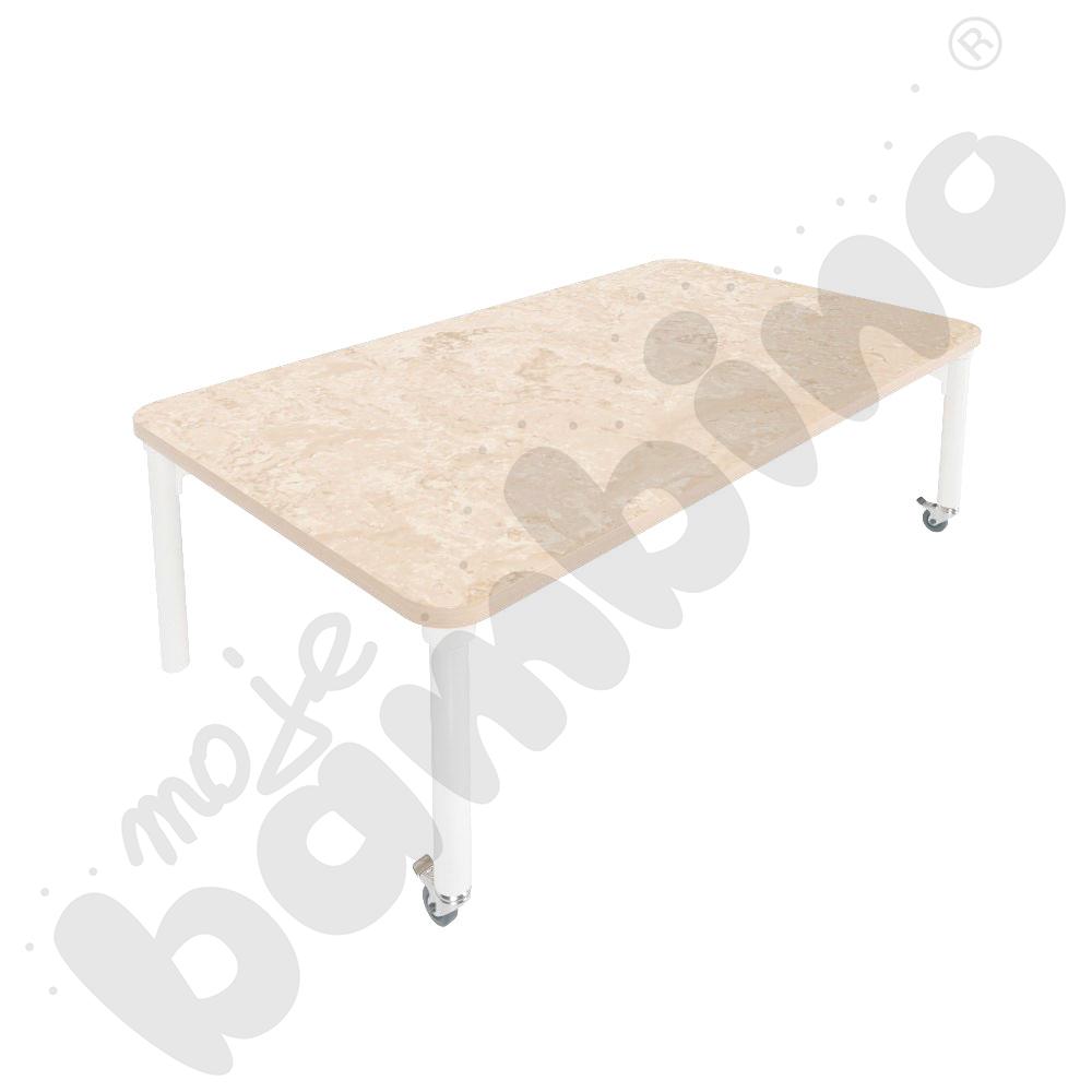 Stół Marcus 140 x 80 cm, rozm. 1, nogi drewniane białe z 2 kółkami, blat cichy beżowy, obrzeże ABS