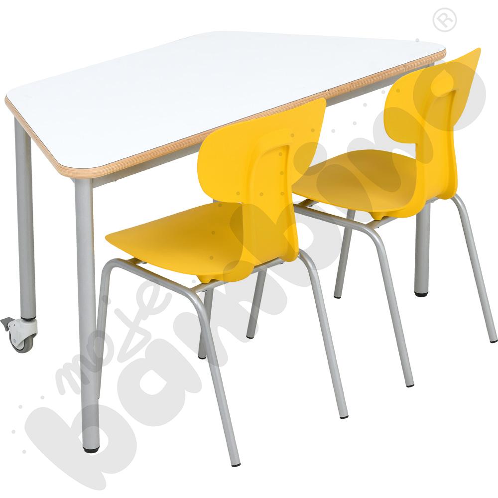 Stół Mila trapezowy biały HPL z krzesłami Ergo żółtymi, rozm. 5